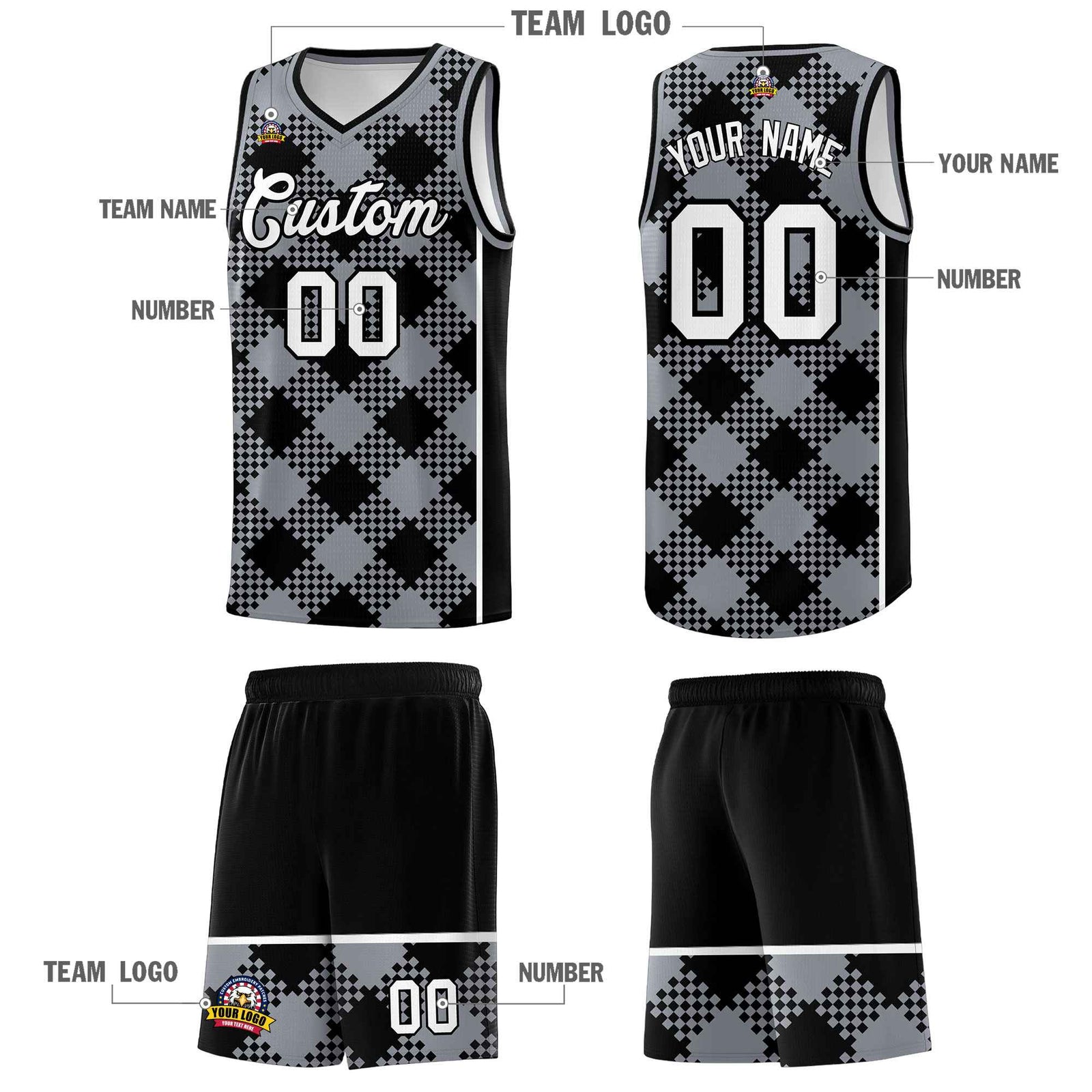 Personalized Gray Black-White Grid Basketball Kits