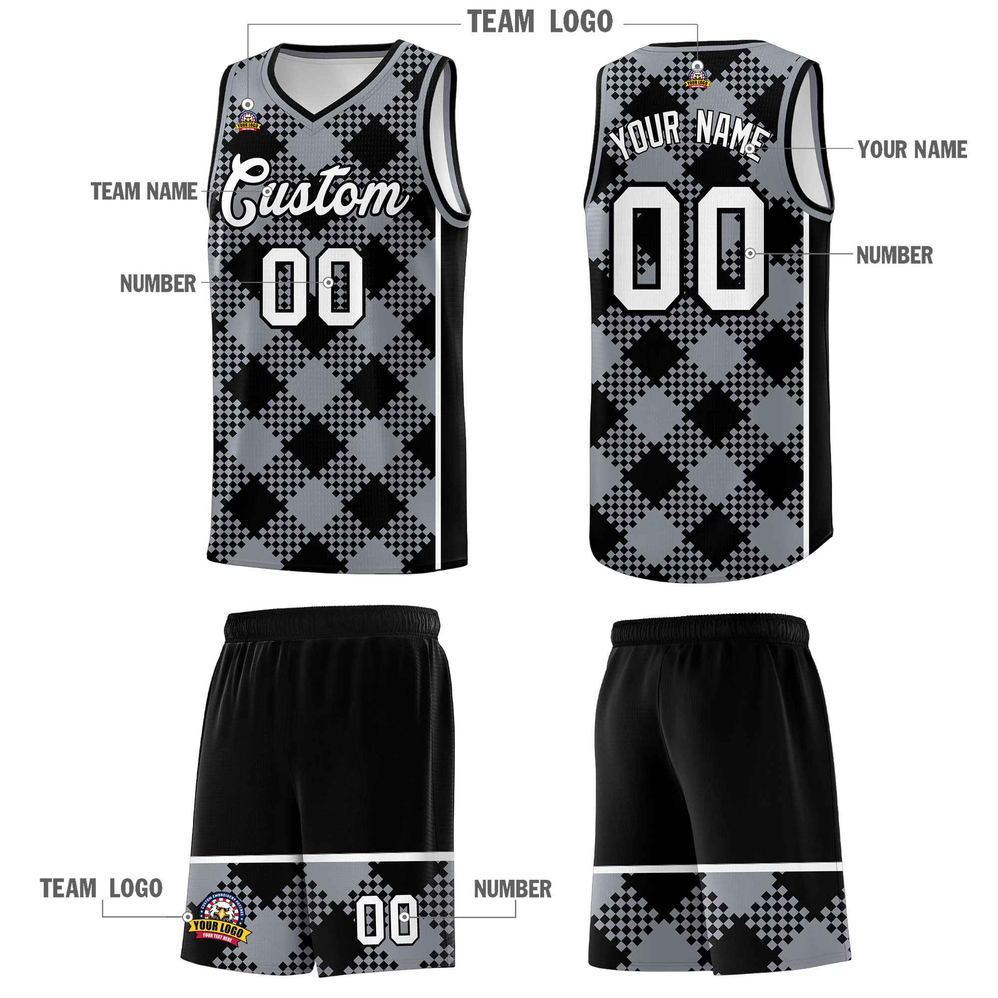 Personalized Gray Black-White Grid Basketball Kits
