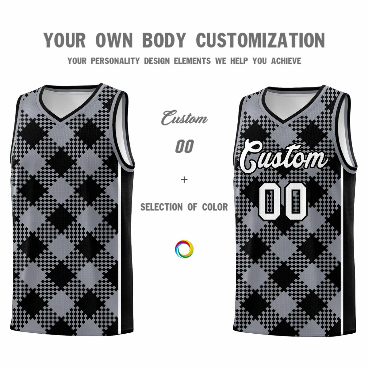 Personalized Gray Black-White Grid Basketball Kits