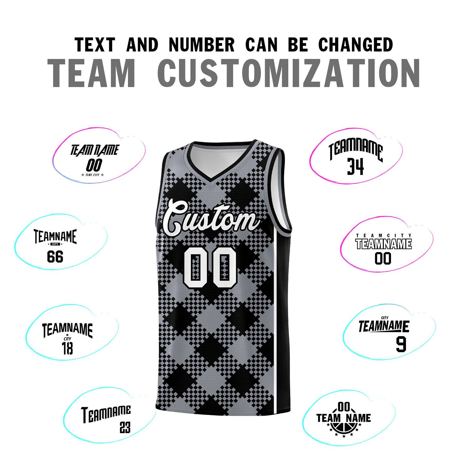 Personalized Gray Black-White Grid Basketball Kits