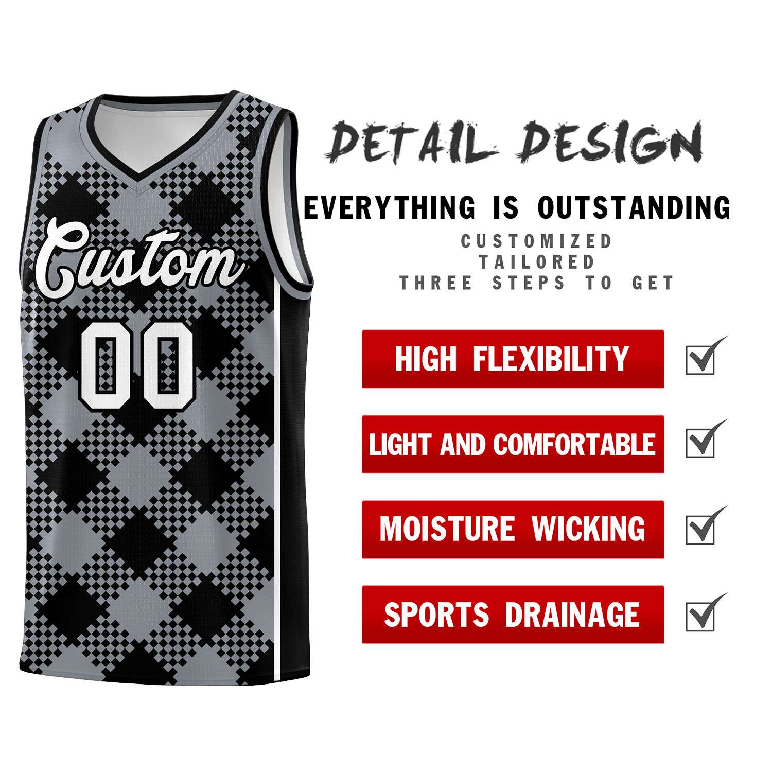 Personalized Gray Black-White Grid Basketball Kits