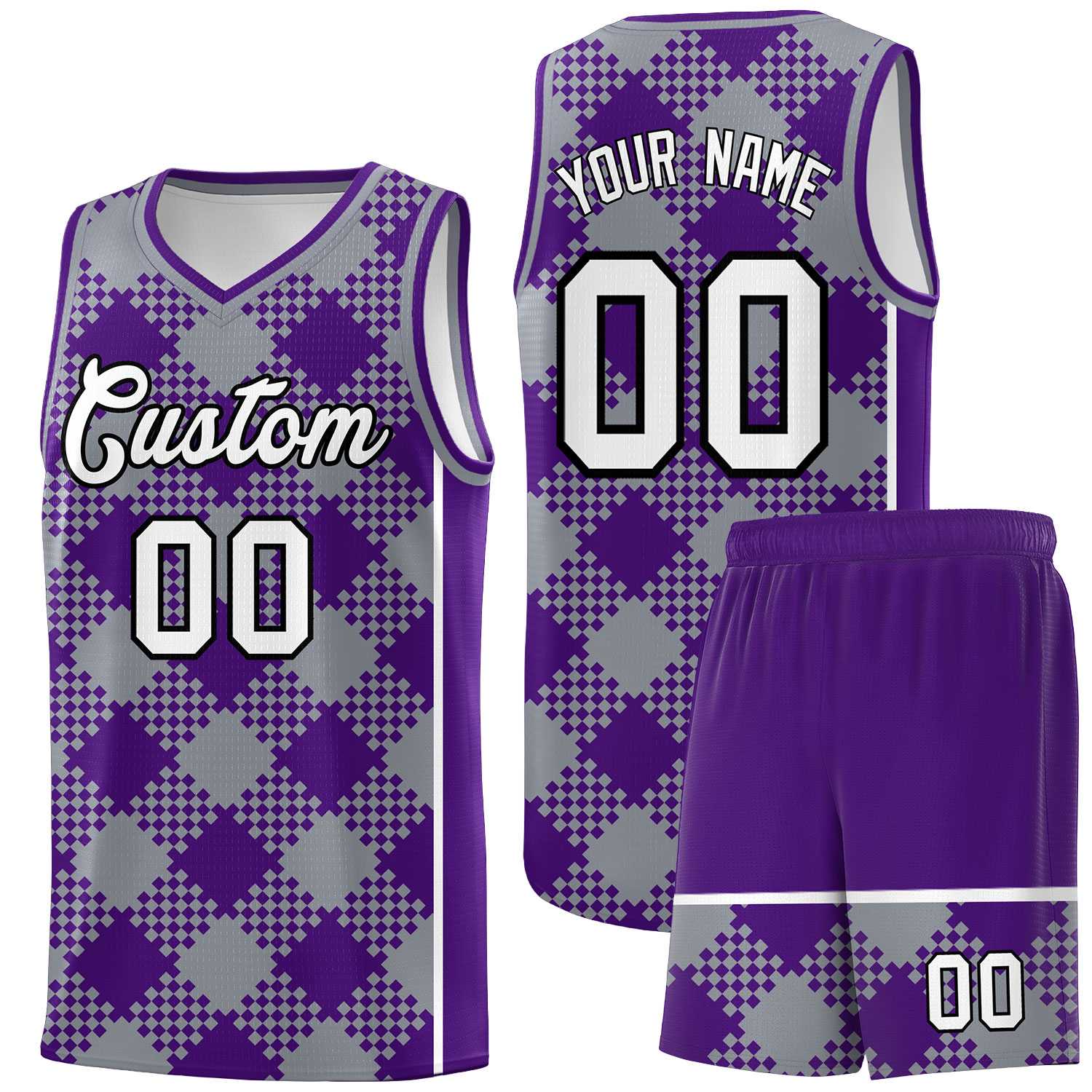 Personalized Gray Purple-White Grid Basketball Kits