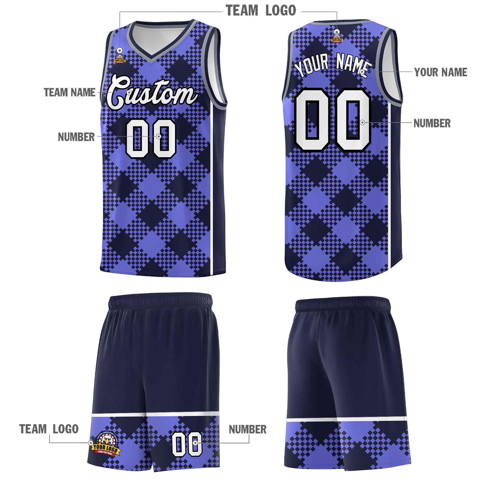 Personalized Purple Navy-White Grid Basketball Kits