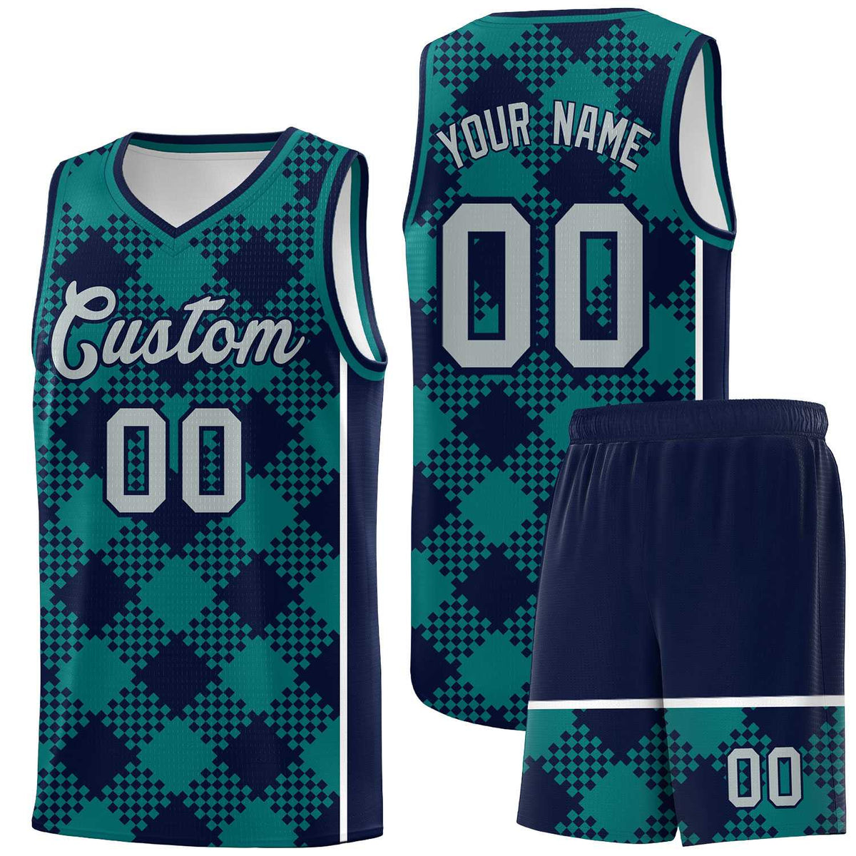 Personalized Teal Navy-White Grid Basketball Kits