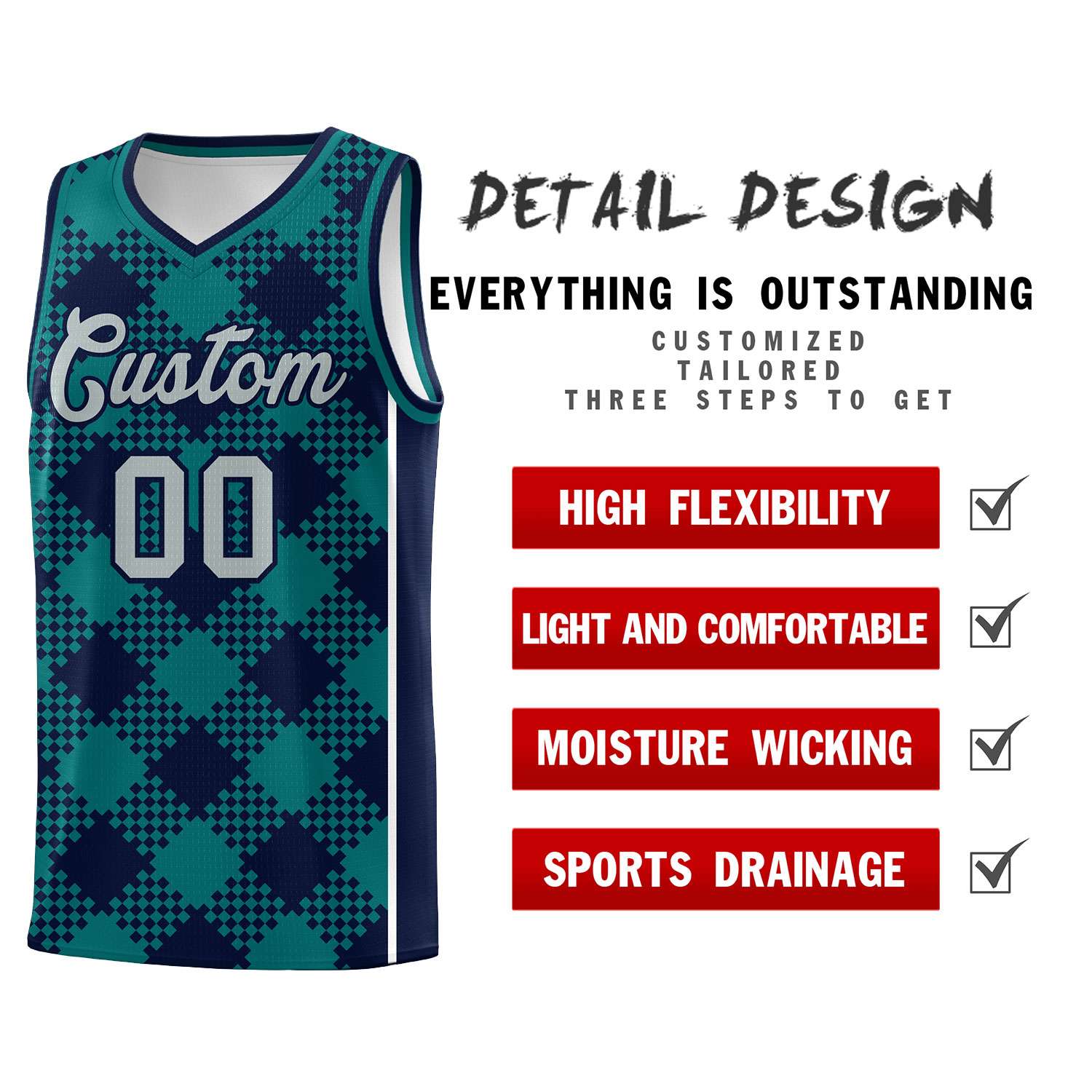 Personalized Teal Navy-White Grid Basketball Kits
