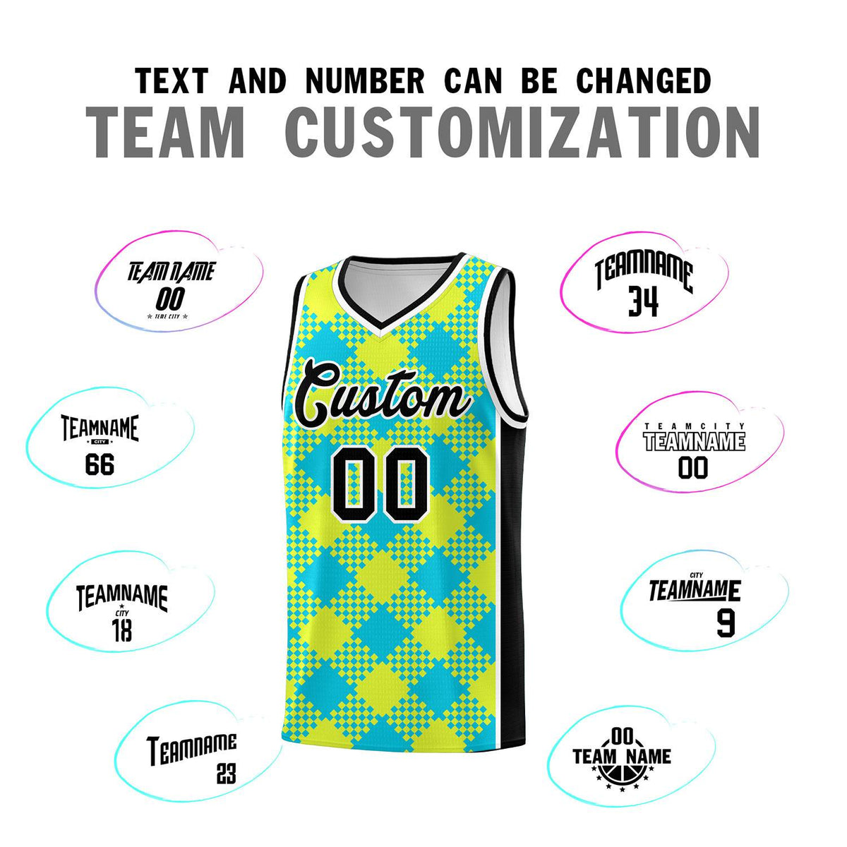 Personalized Sky Blue Fluorescent Green-White Grid Basketball Kits