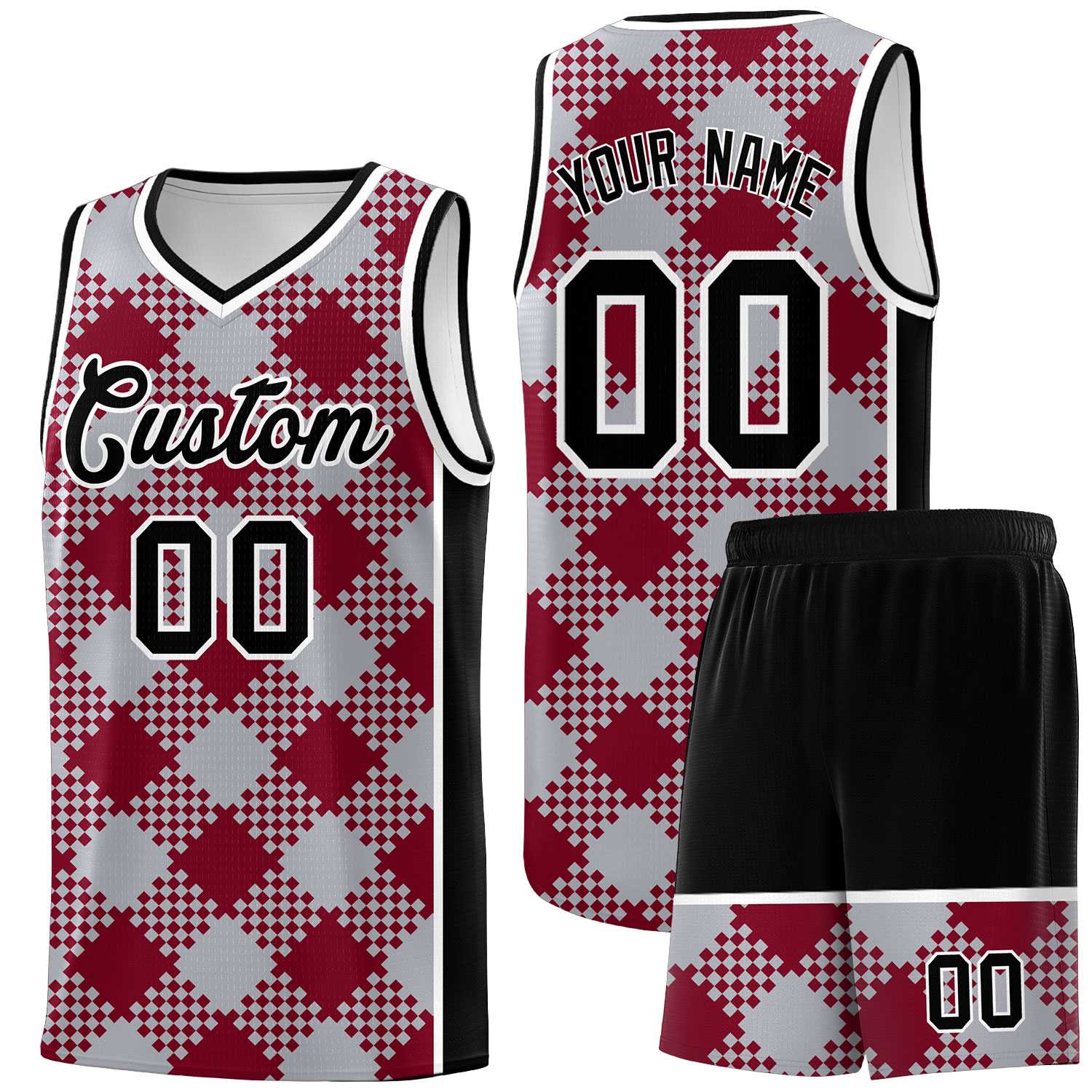 Personalized Gray Crimson-White Grid Basketball Kits