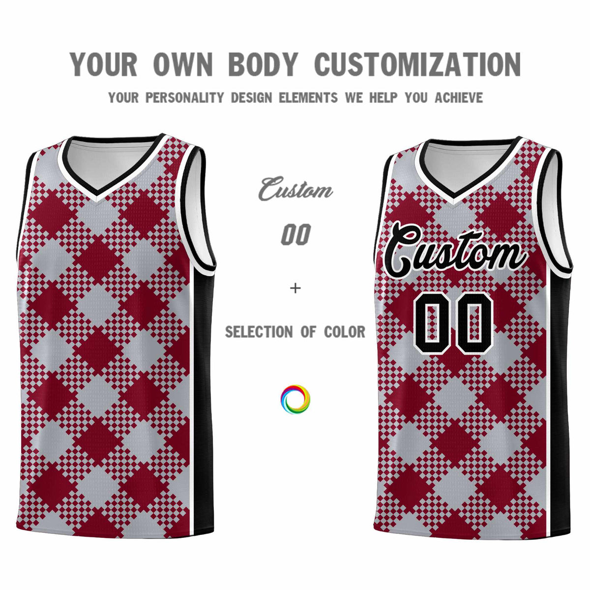 Personalized Gray Crimson-White Grid Basketball Kits