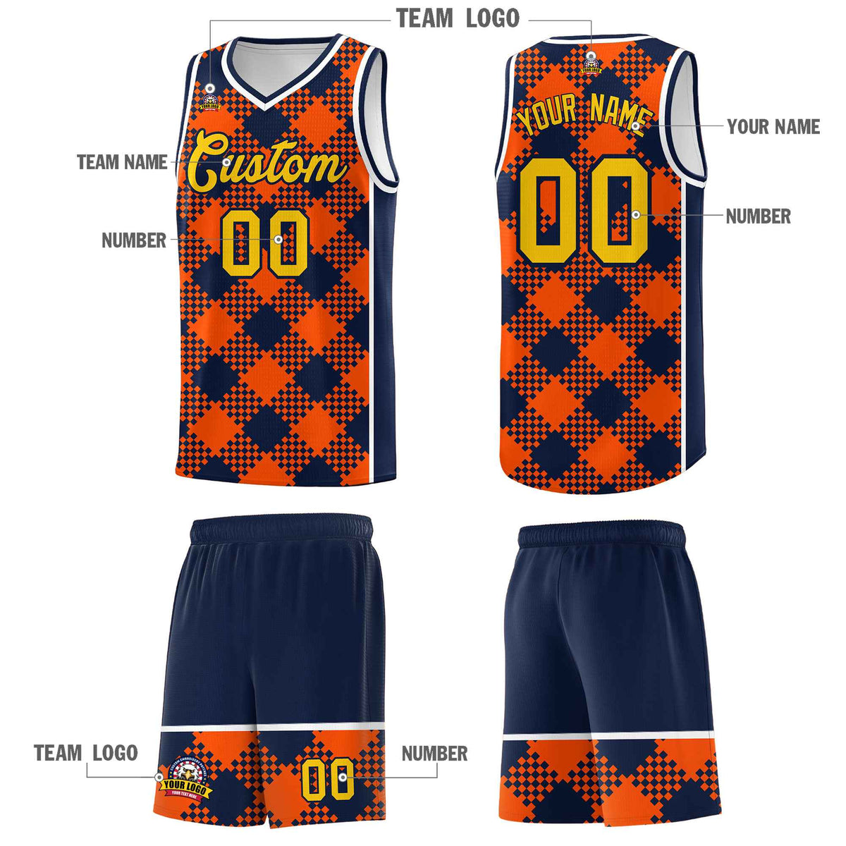 Personalized Orange Navy-White Grid Basketball Kits