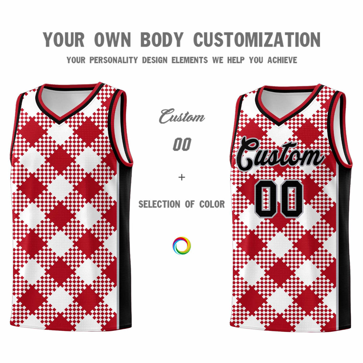 Personalized White Red-Gray Grid Basketball Kits