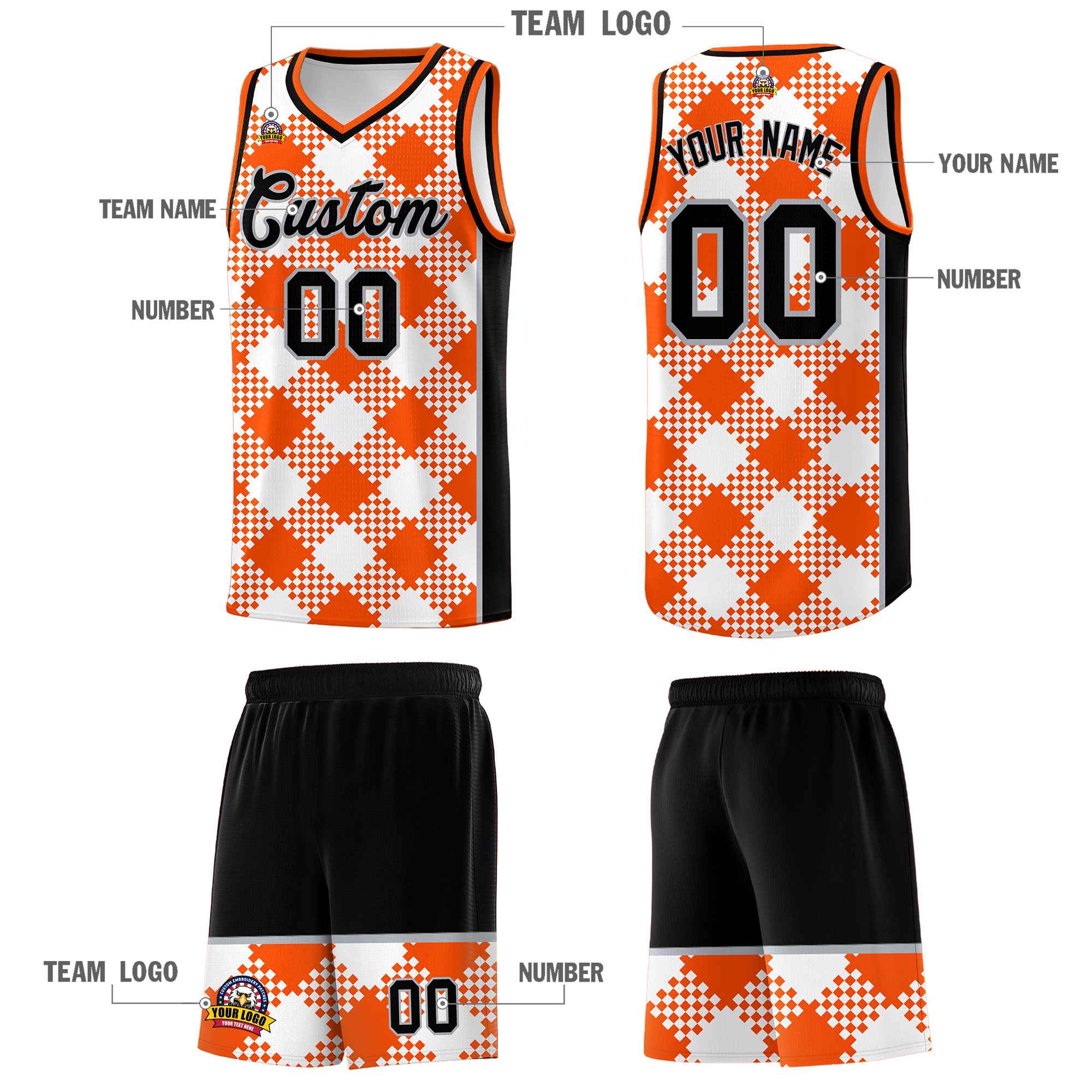Personalized White Orange-Gray Grid Basketball Kits