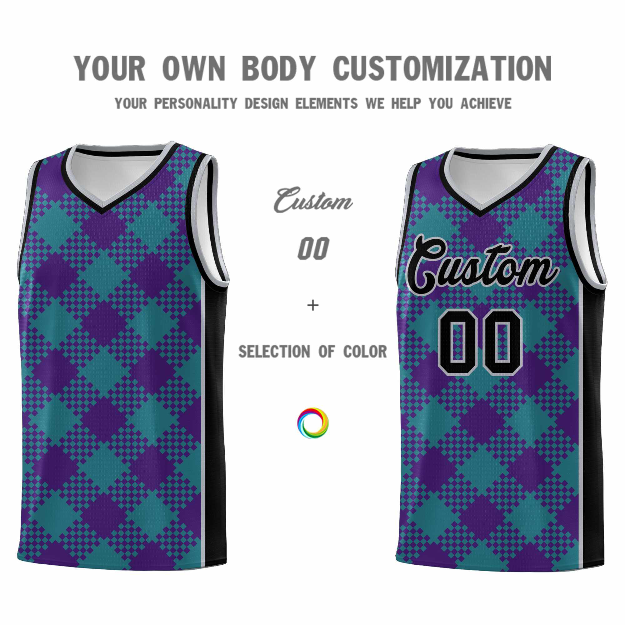 Personalized Purple Teal-Gray Grid Basketball Kits