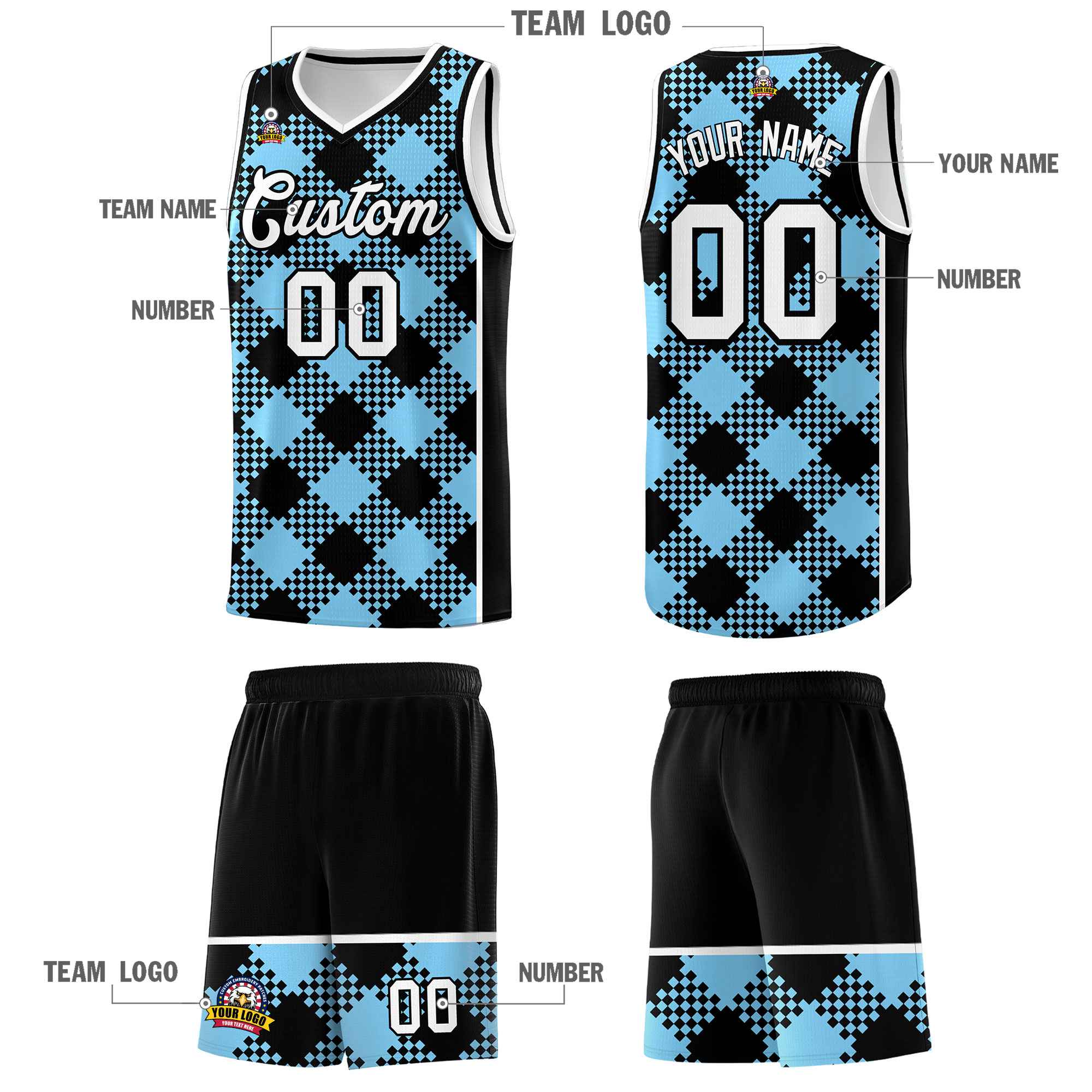 Personalized Light Blue White-Black Grid Basketball Kits