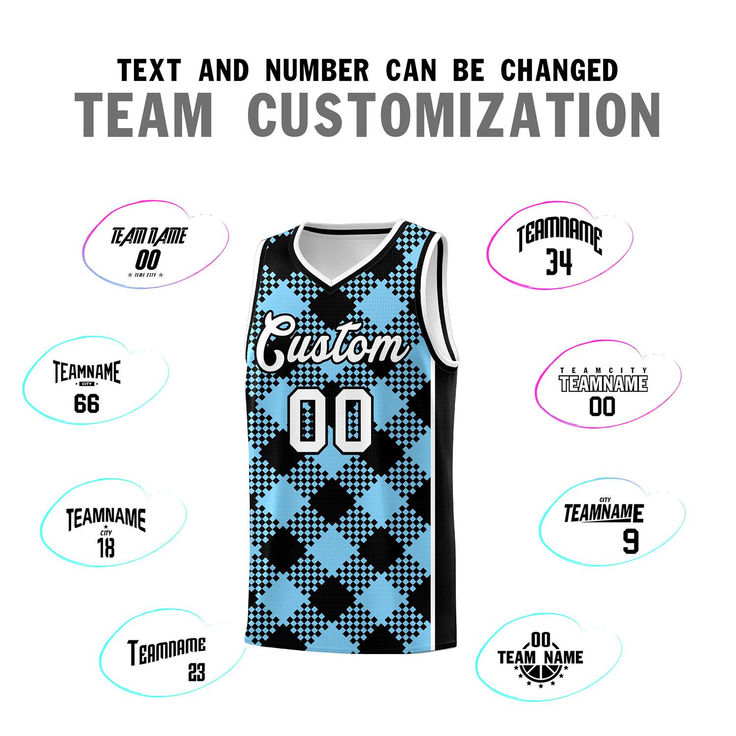 Personalized Light Blue White-Black Grid Basketball Kits