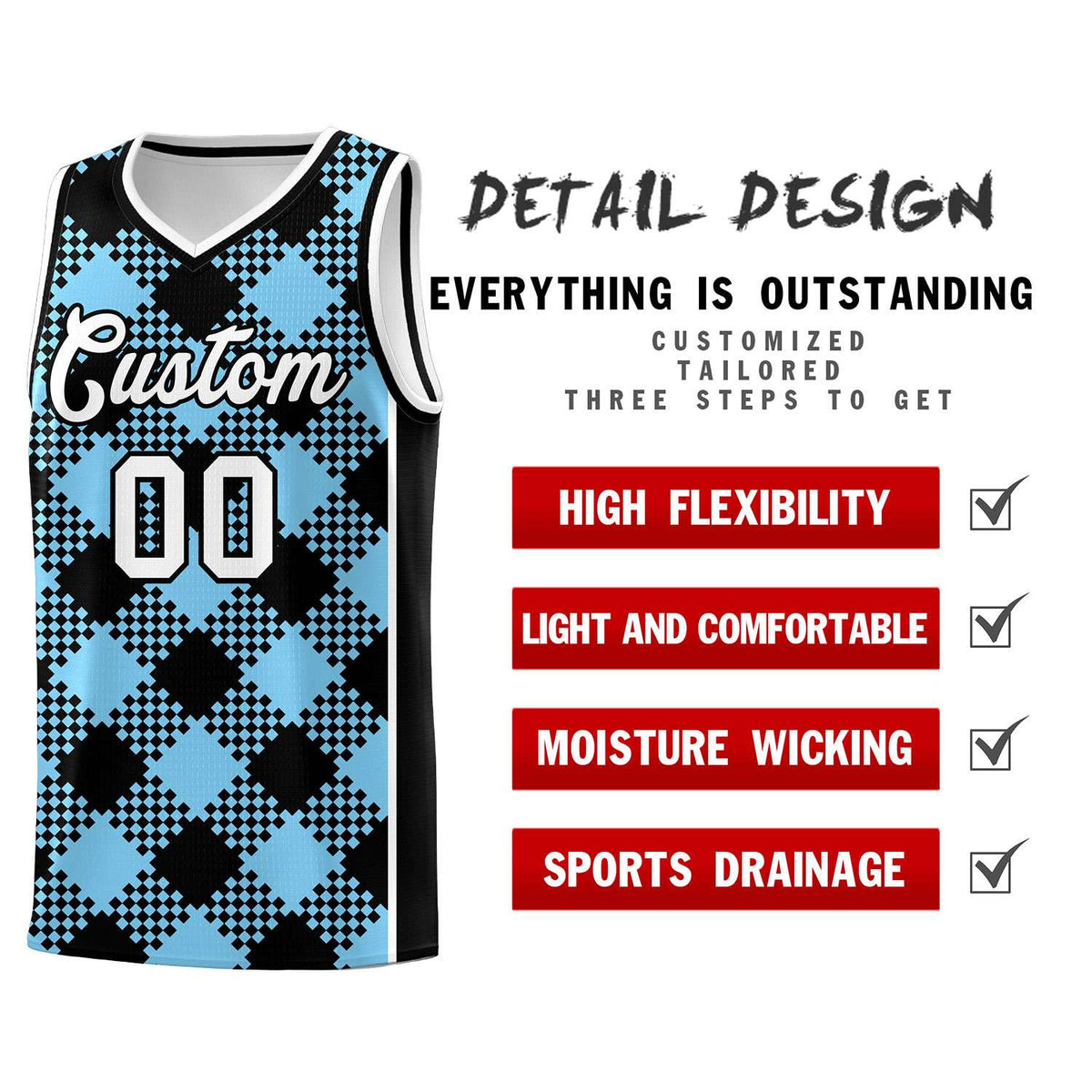 Personalized Light Blue White-Black Grid Basketball Kits