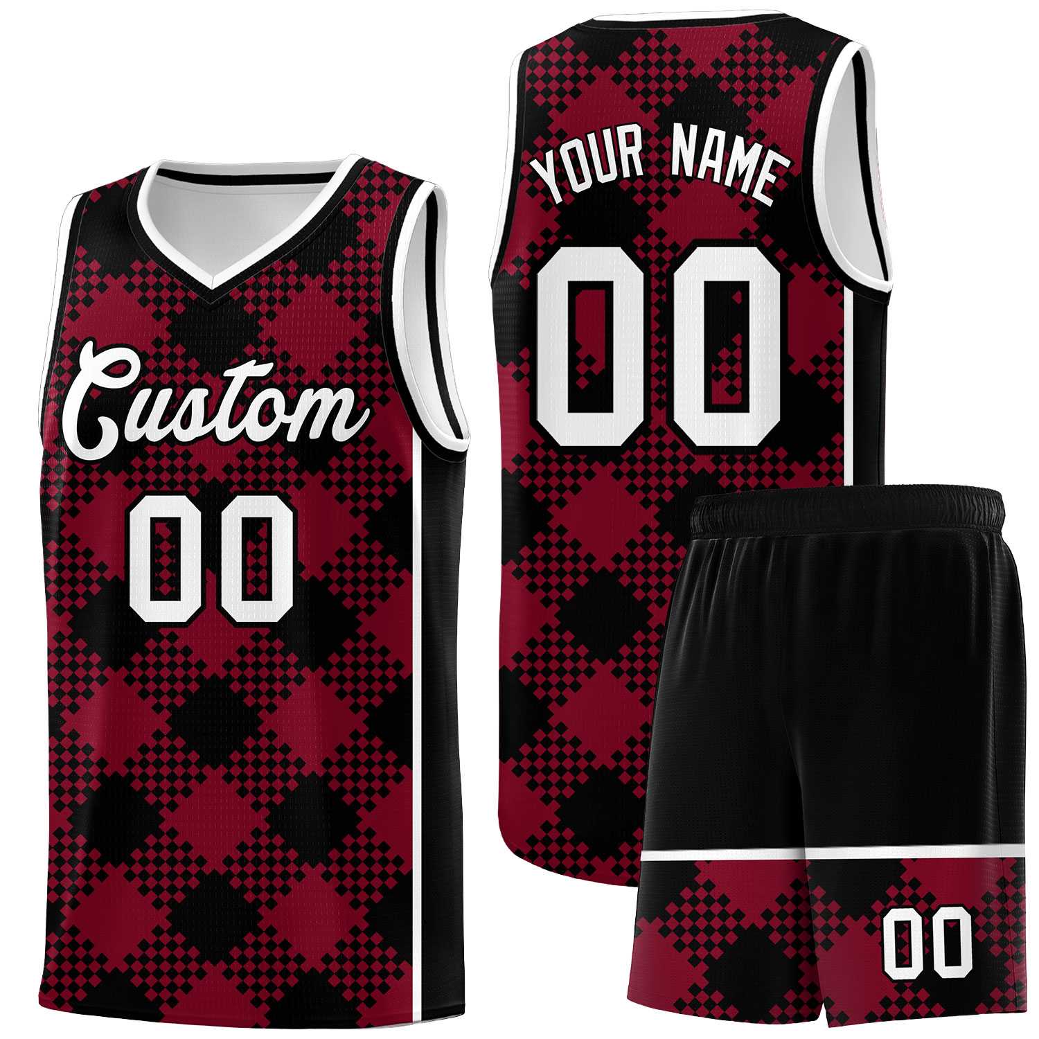 Personalized Crimson Black-White Grid Basketball Kits