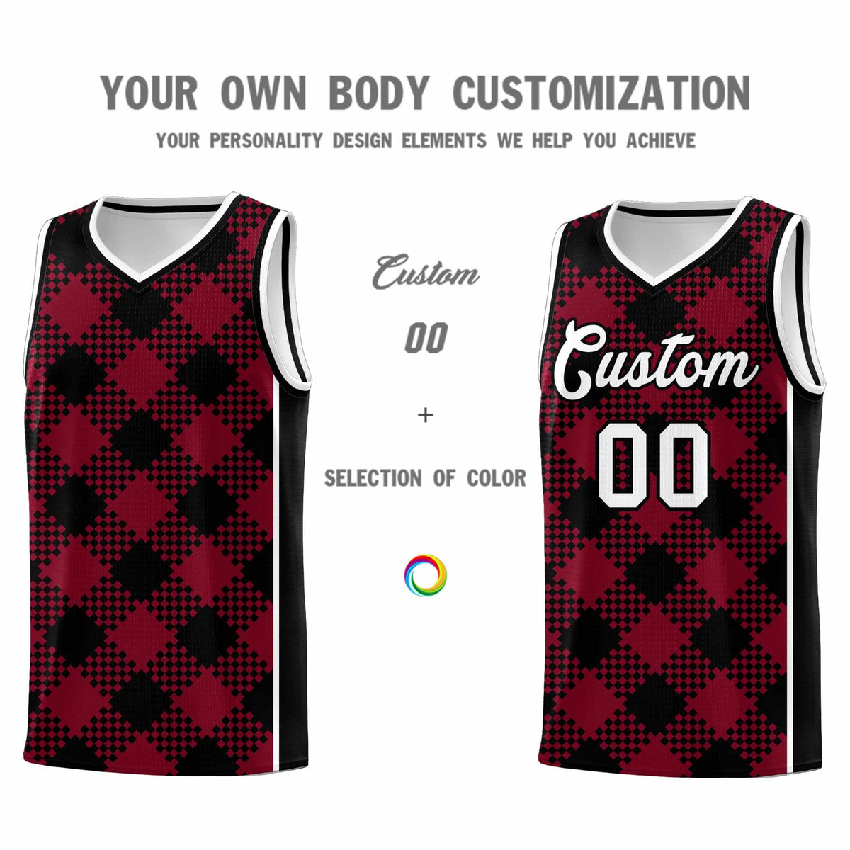 Personalized Crimson Black-White Grid Basketball Kits