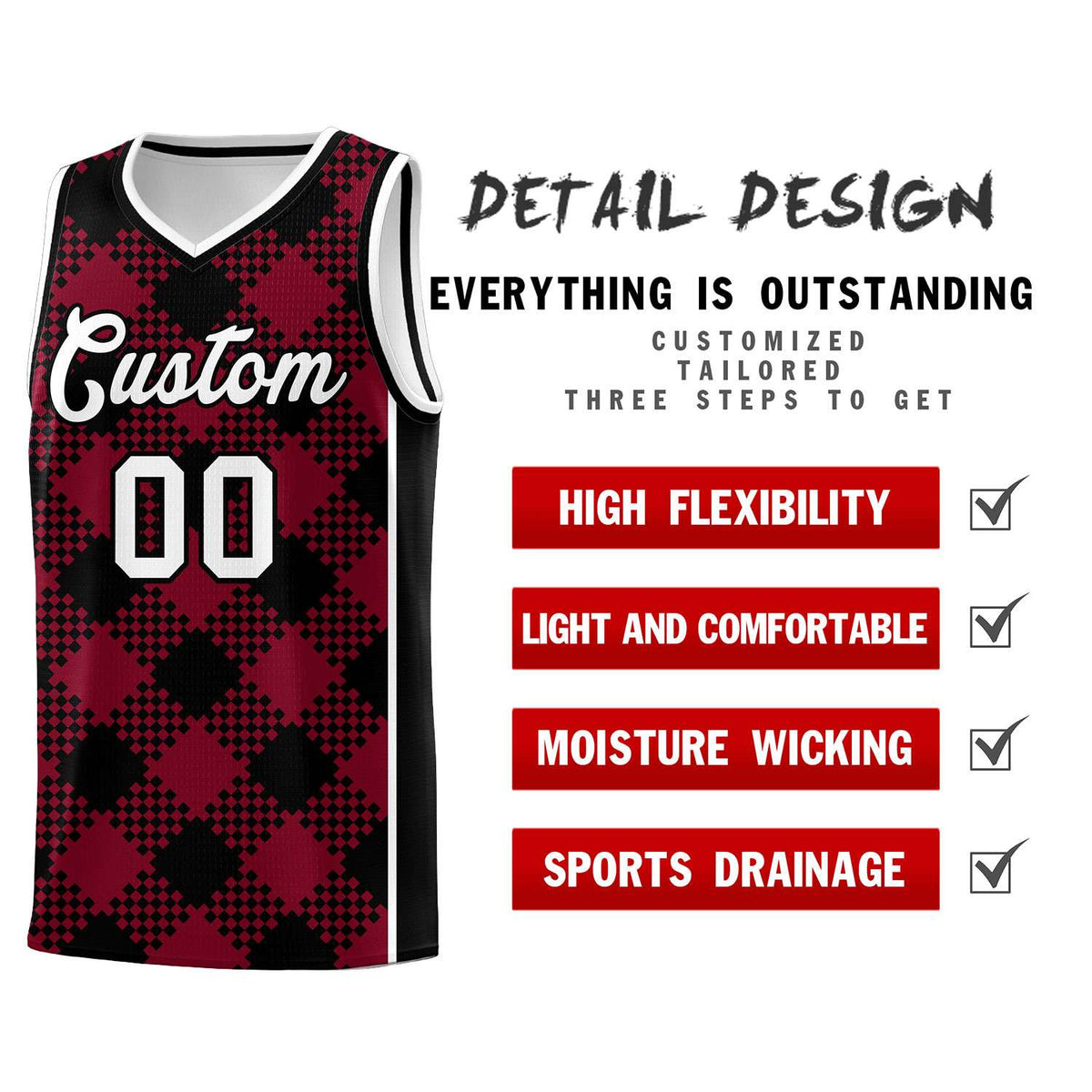 Personalized Crimson Black-White Grid Basketball Kits