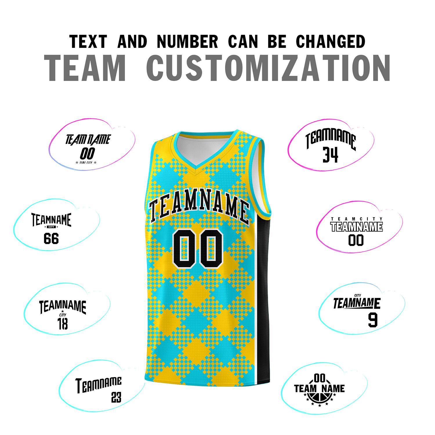 Personalized Sky Blue Gold-Black Grid Basketball Kits