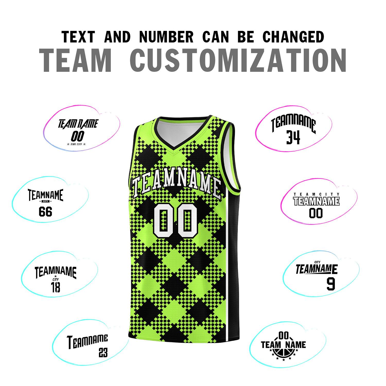 Personalized Fluorescent Green Black-White Grid Basketball Kits