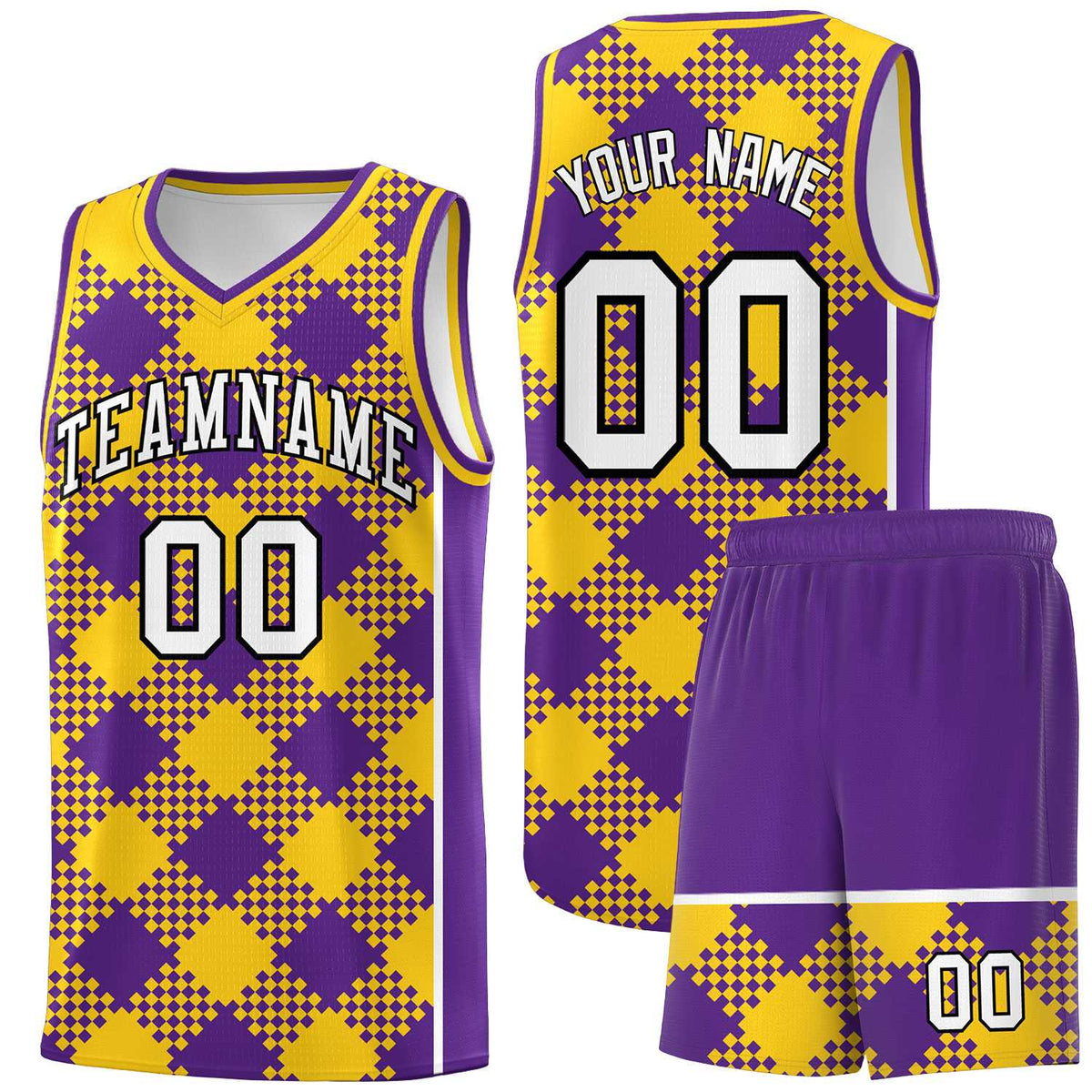 Personalized Purple Gold-White Grid Basketball Kits
