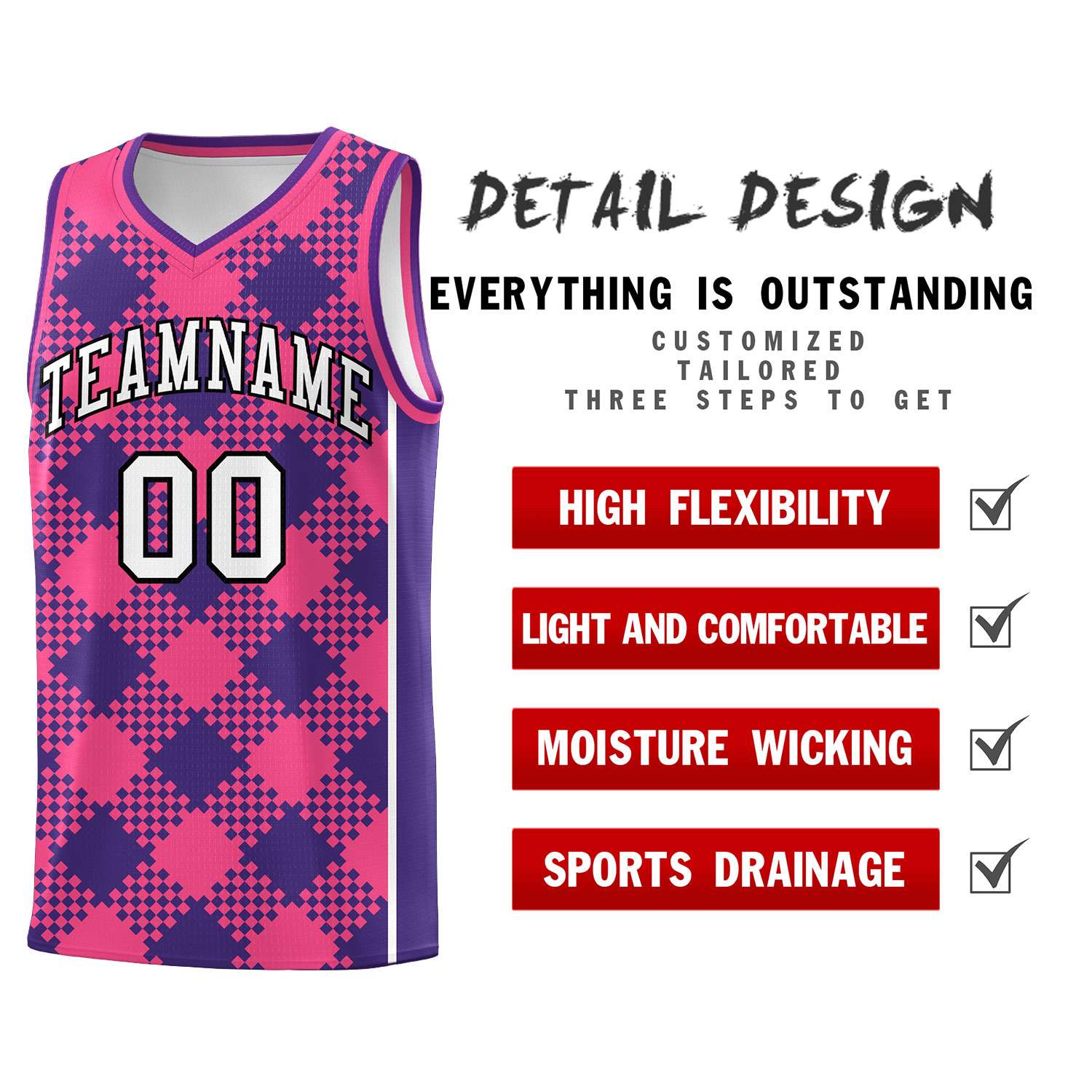 Personalized Purple Pink-White Grid Basketball Kits
