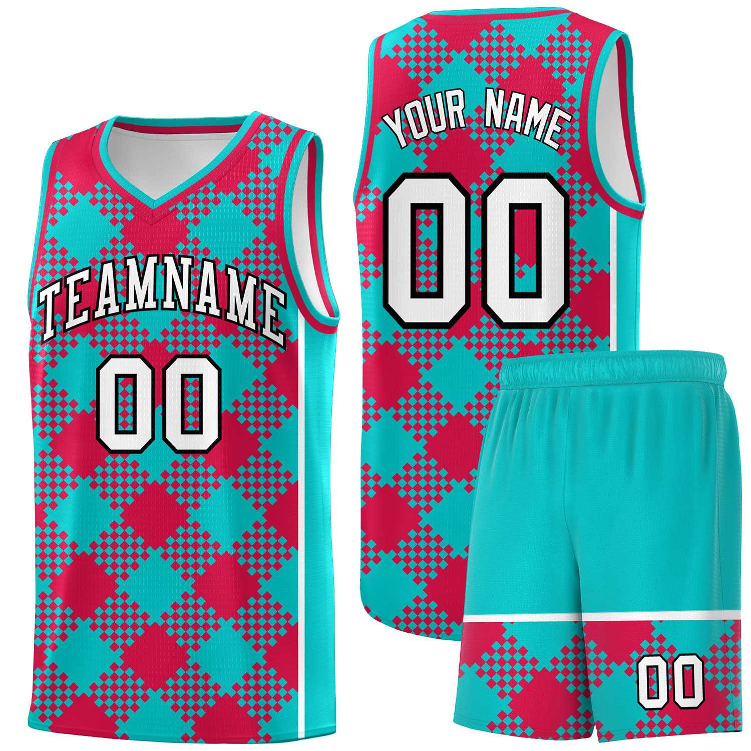 Personalized Aqua Red-White Grid Basketball Kits