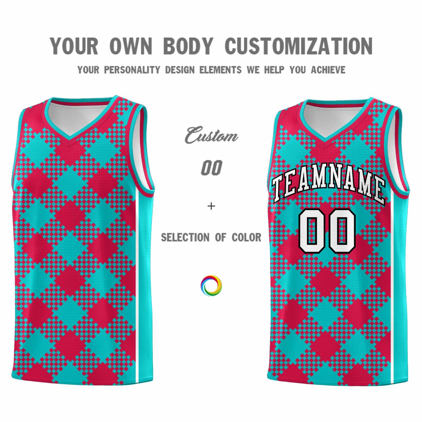 Personalized Aqua Red-White Grid Basketball Kits