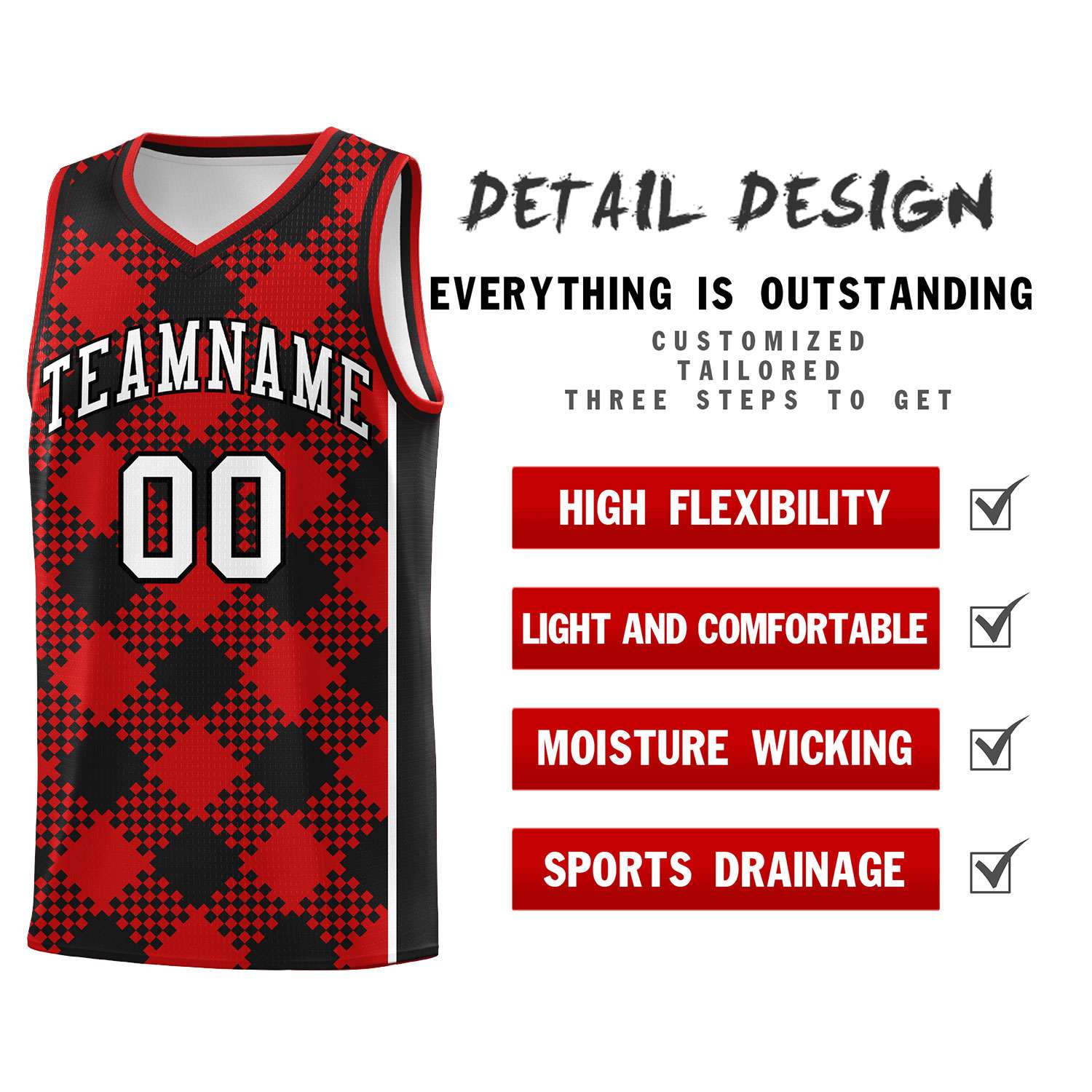 Personalized Red Black-White Grid Basketball Kits