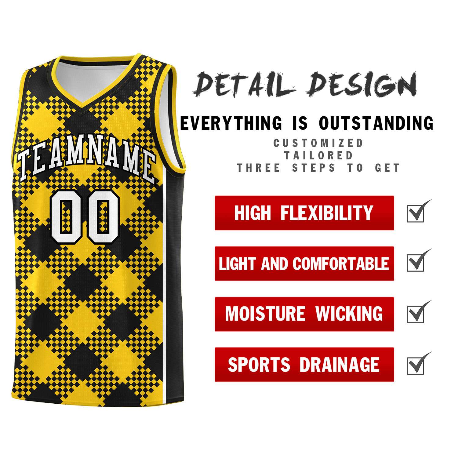 Personalized Gold Black-White Grid Basketball Kits