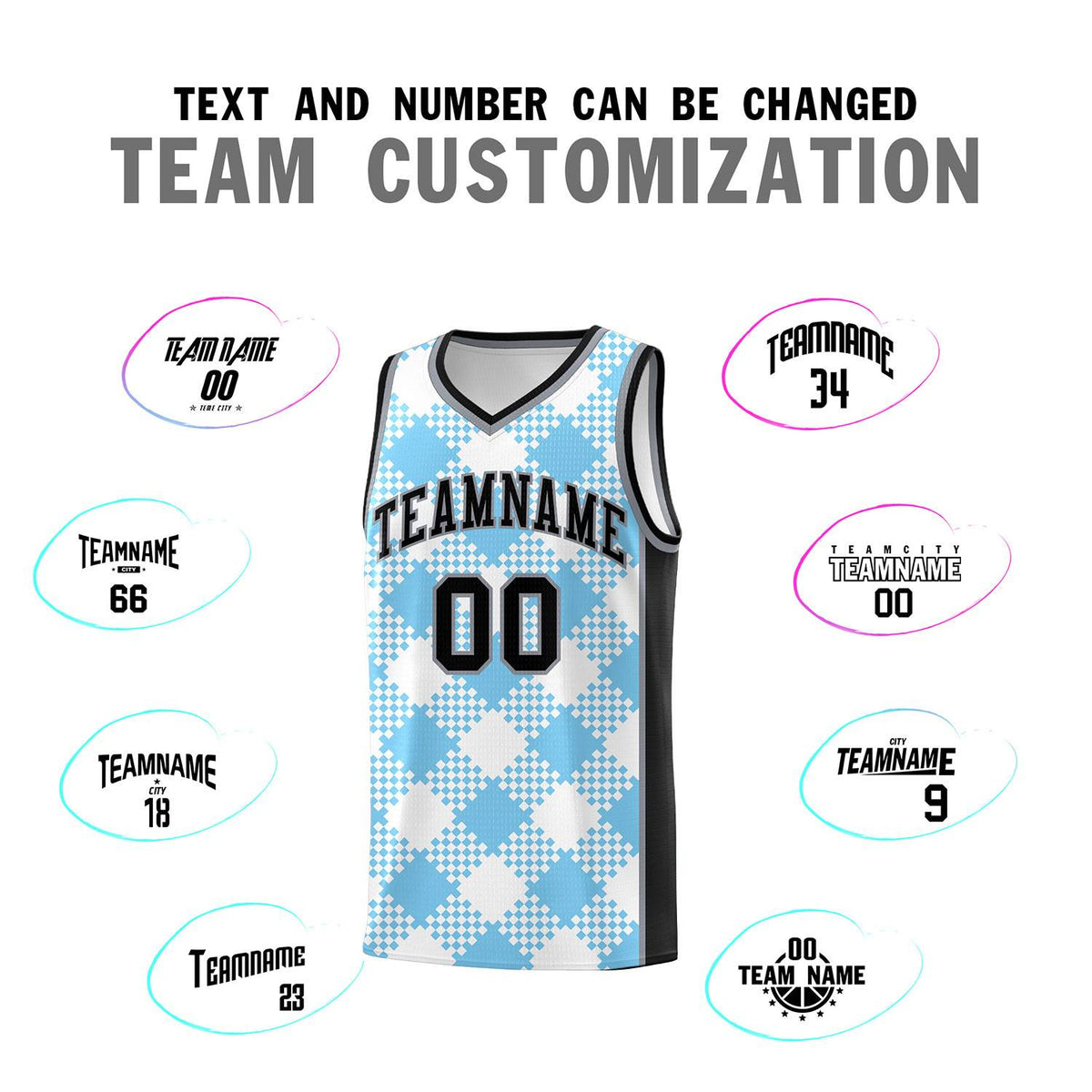 Personalized Light Blue White-Black Grid Basketball Kits