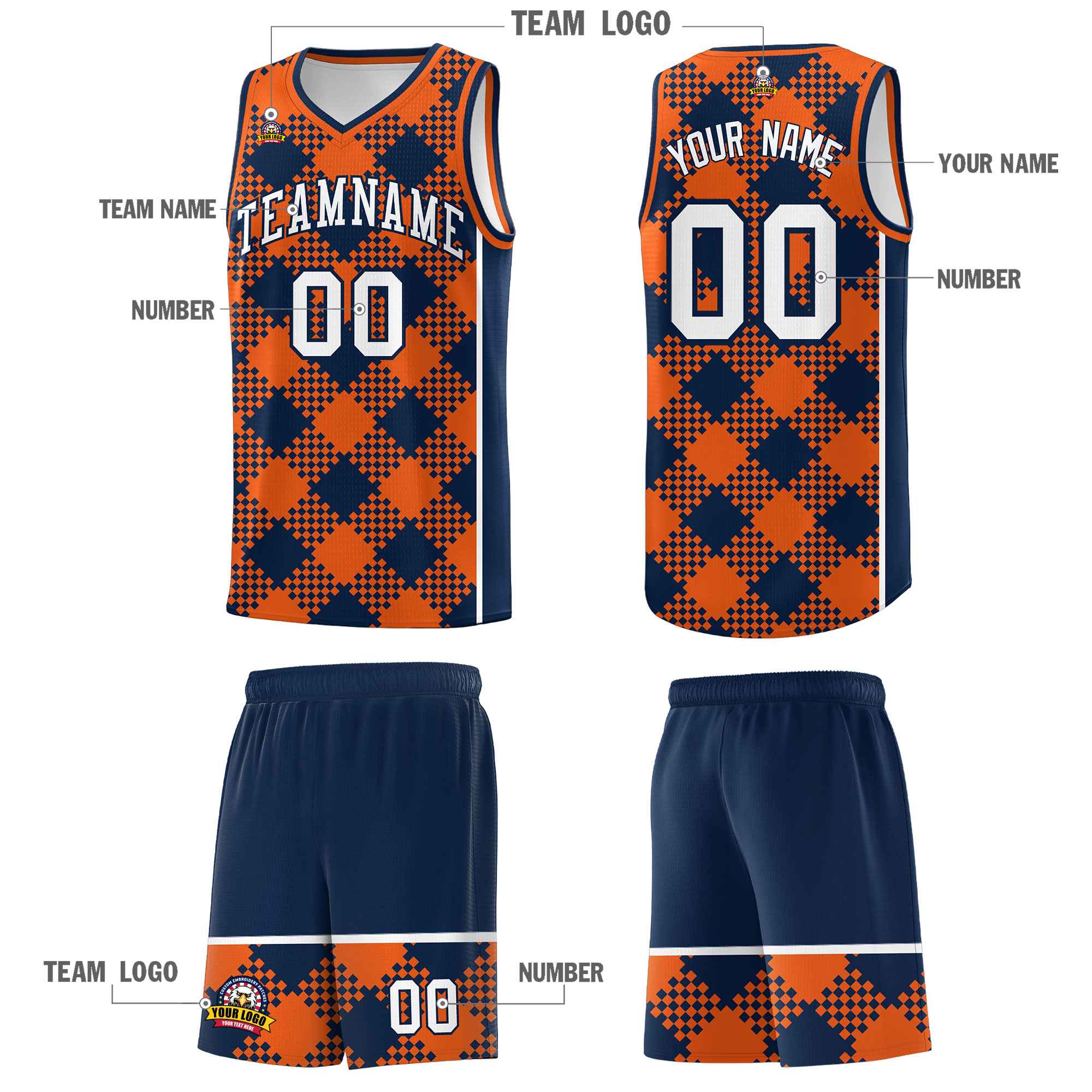 Personalized Navy Orange-White Grid Basketball Kits