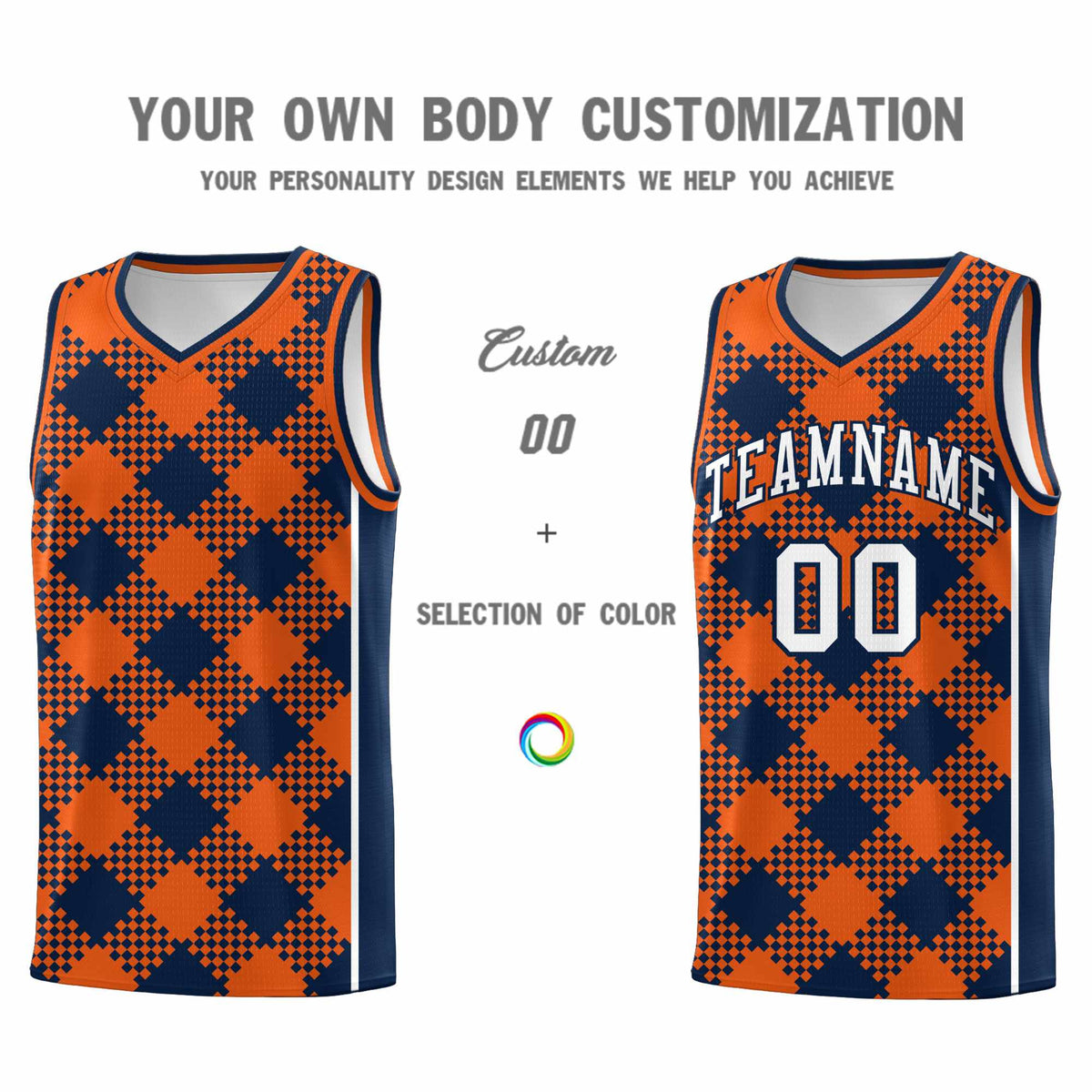 Personalized Navy Orange-White Grid Basketball Kits