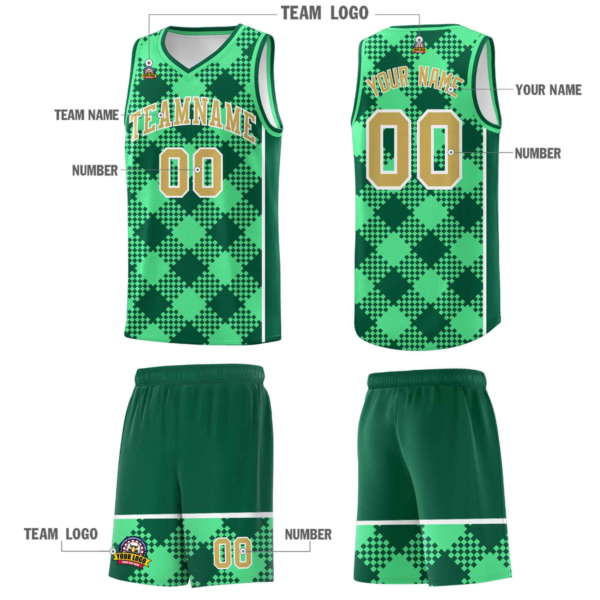 Personalized Green Kelly Green-White Grid Basketball Kits