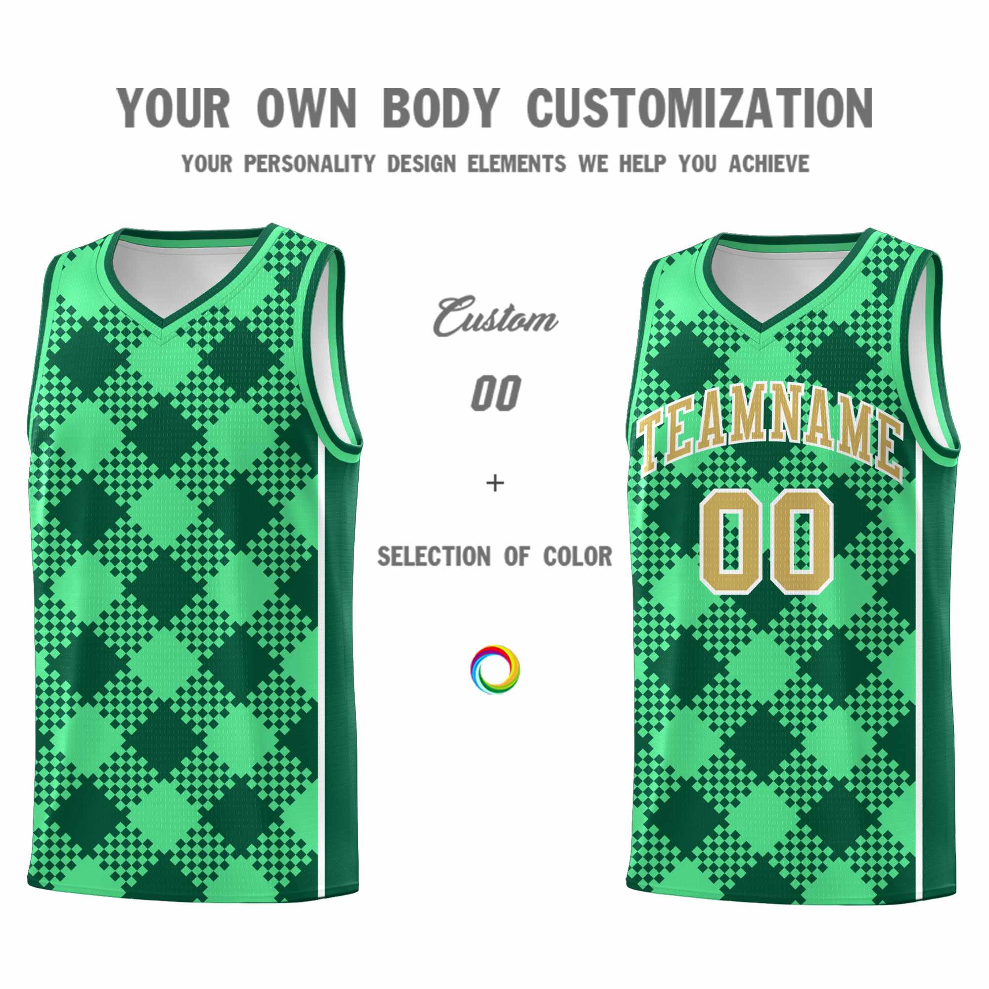 Personalized Green Kelly Green-White Grid Basketball Kits