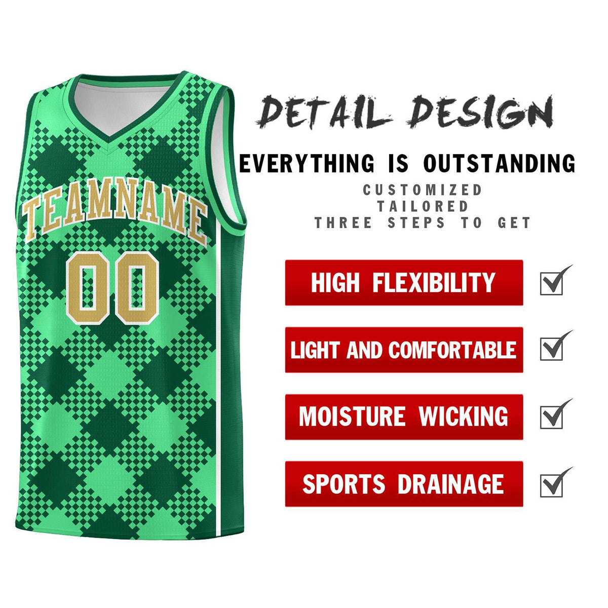 Personalized Green Kelly Green-White Grid Basketball Kits