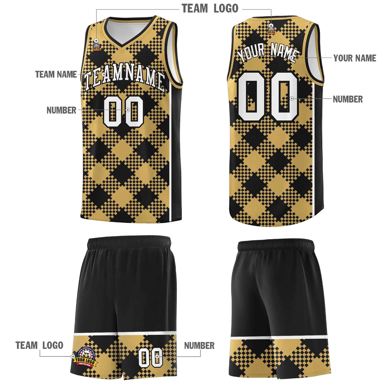 Personalized Old Gold Black-White Grid Basketball Kits