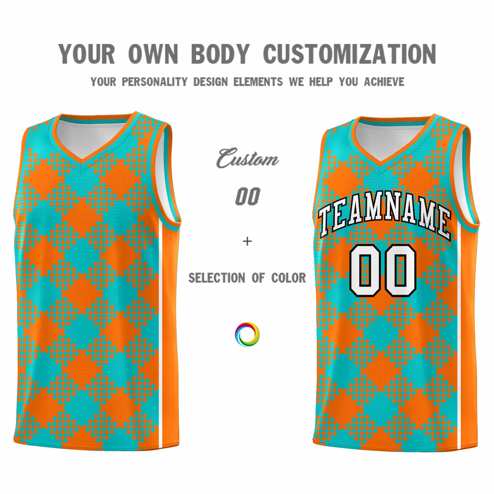 Personalized Aqua Orange-White Grid Basketball Kits