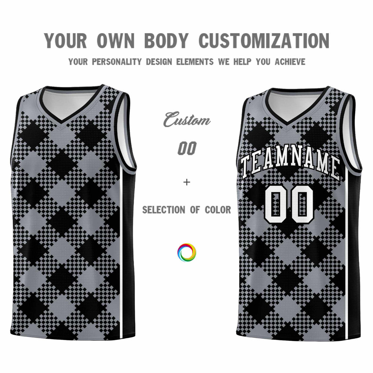 Personalized Gray Black-White Grid Basketball Kits
