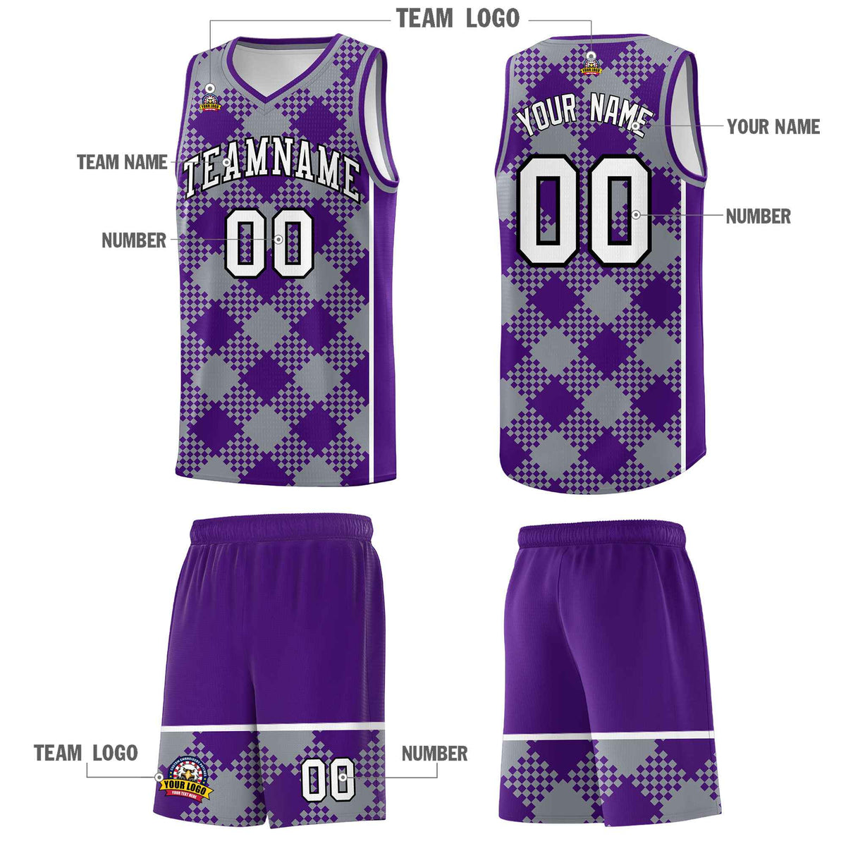Personalized Gray Purple-White Grid Basketball Kits