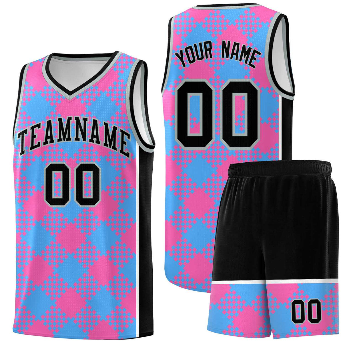 Personalized Powder Blue Pink-White Grid Basketball Kits