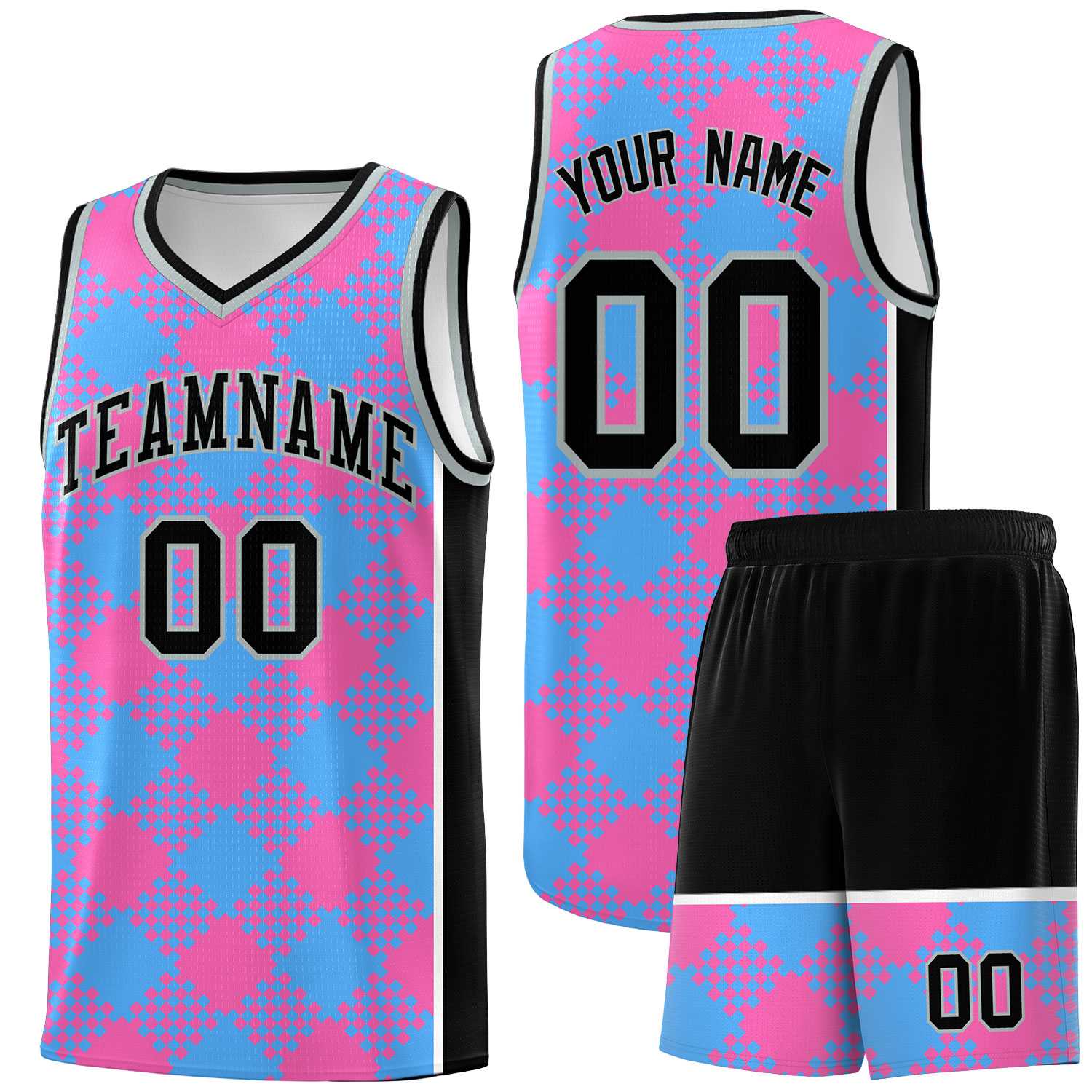 Personalized Powder Blue Pink-White Grid Basketball Kits