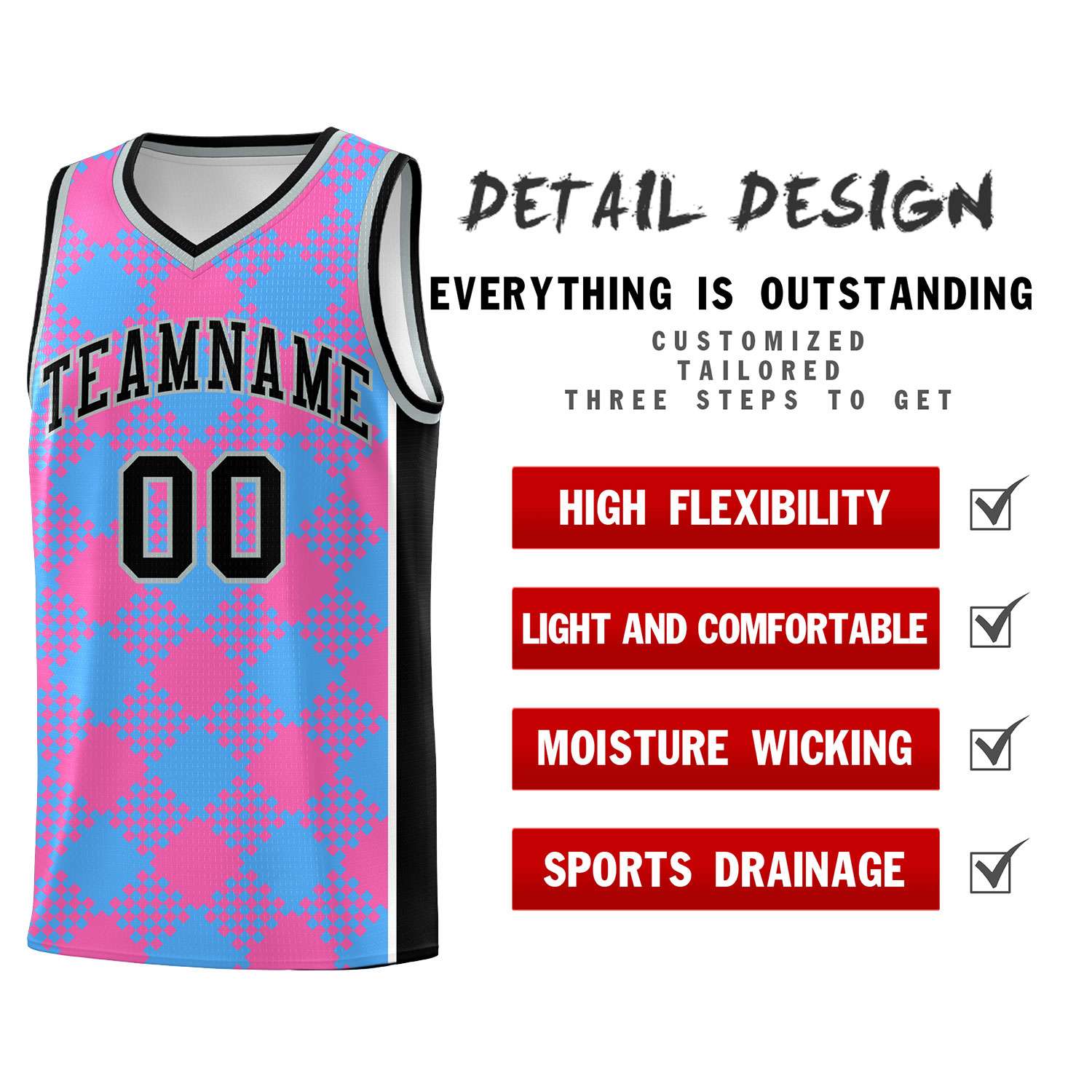 Personalized Powder Blue Pink-White Grid Basketball Kits