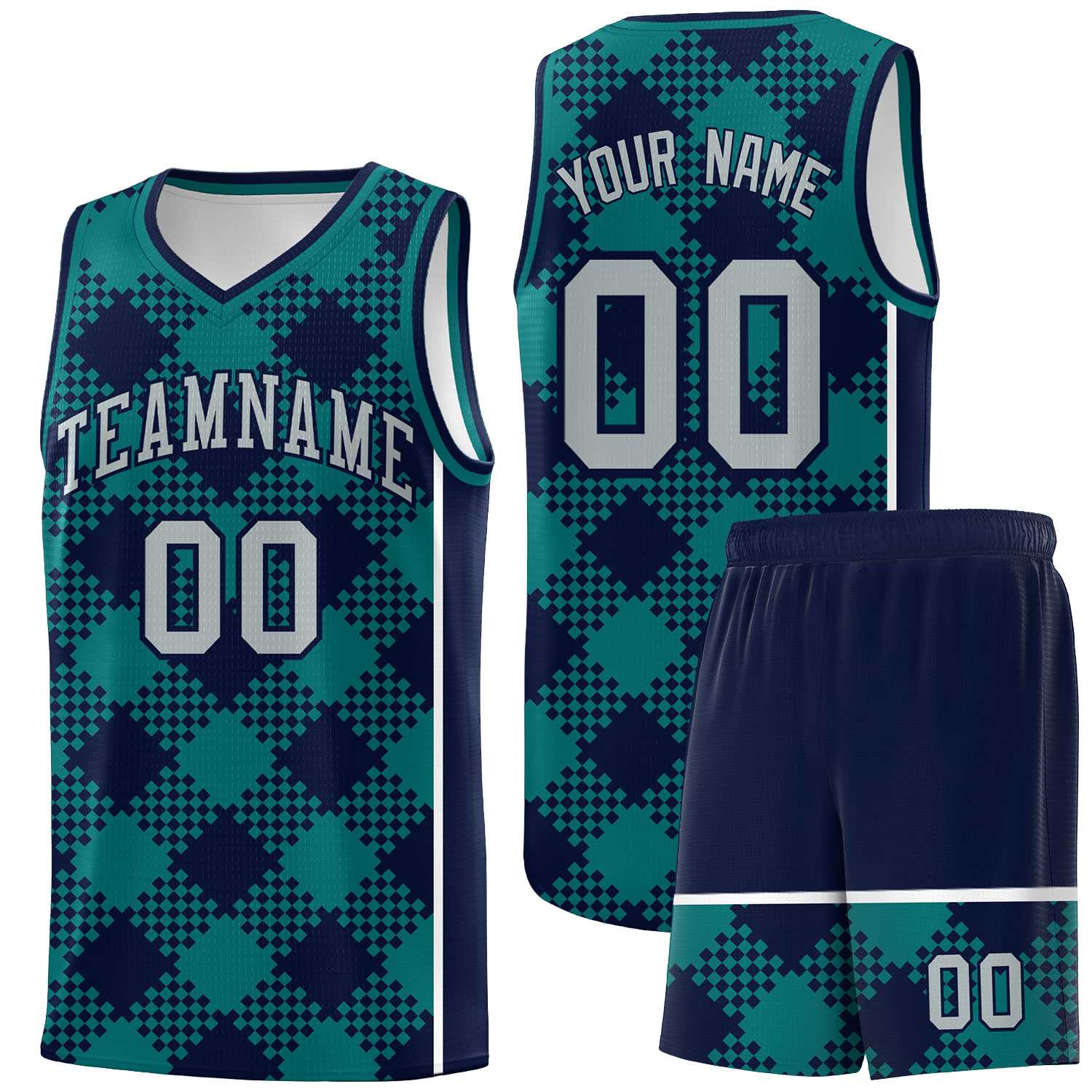 Personalized Teal Navy-White Grid Basketball Kits