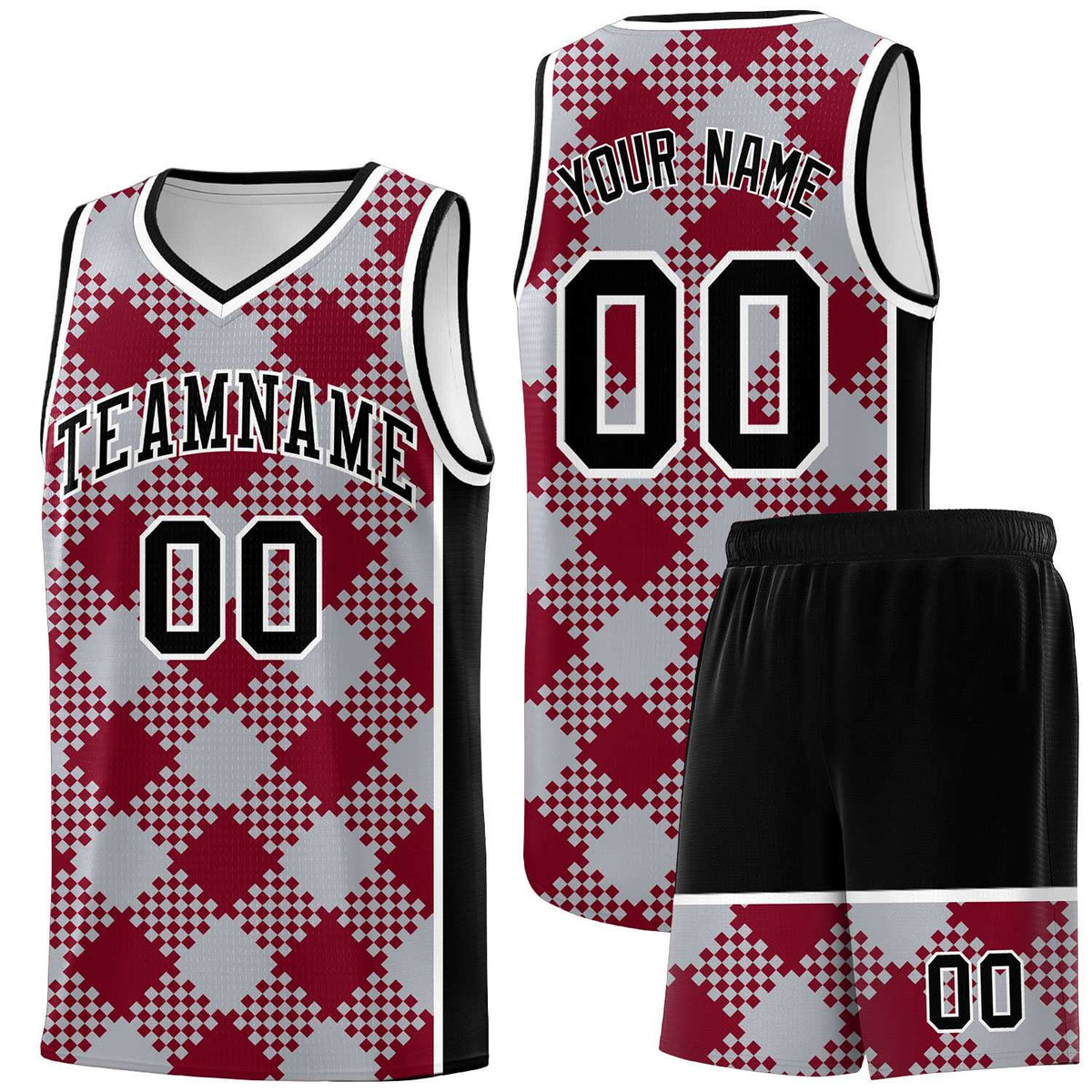 Personalized Gray Crimson-White Grid Basketball Kits
