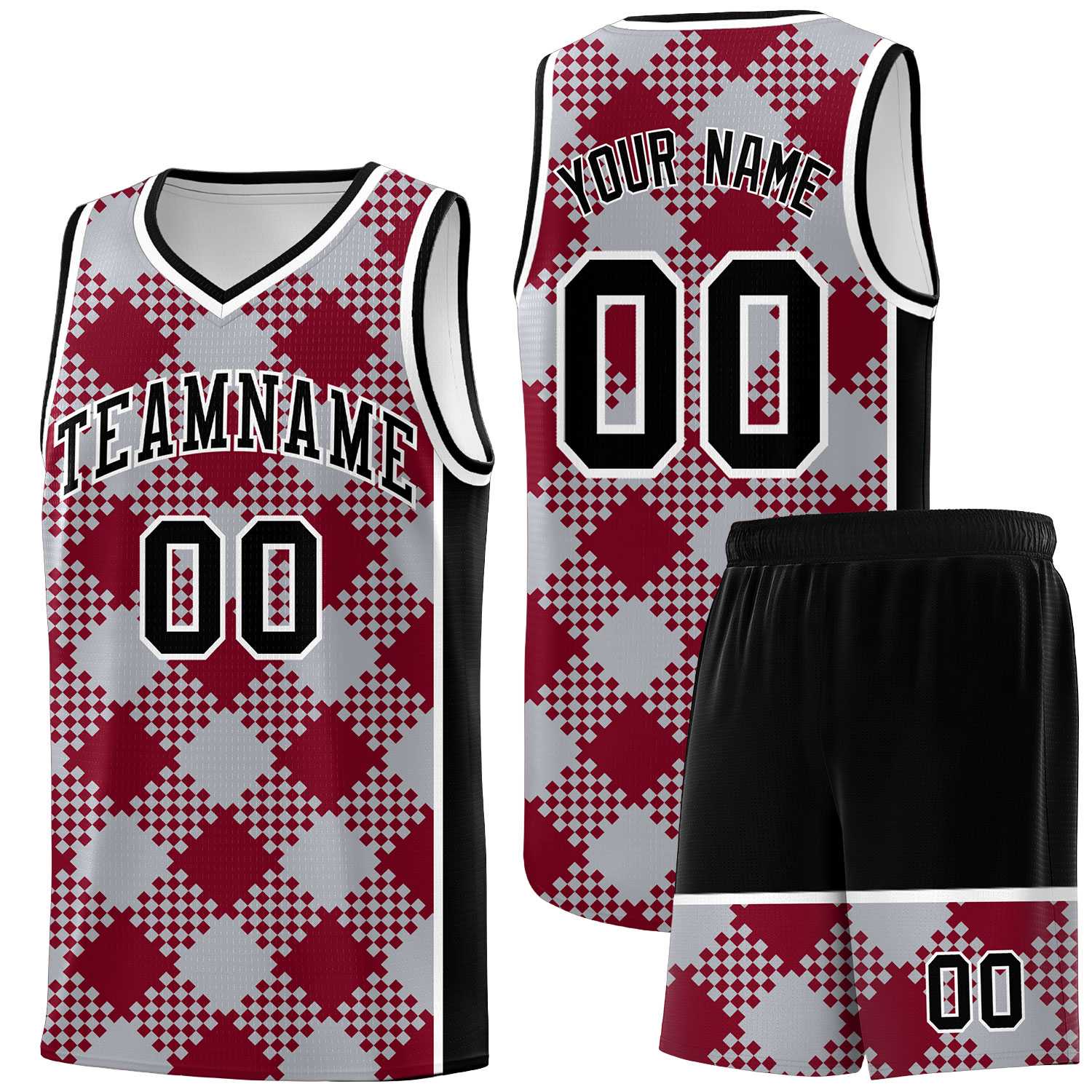 Personalized Gray Crimson-White Grid Basketball Kits