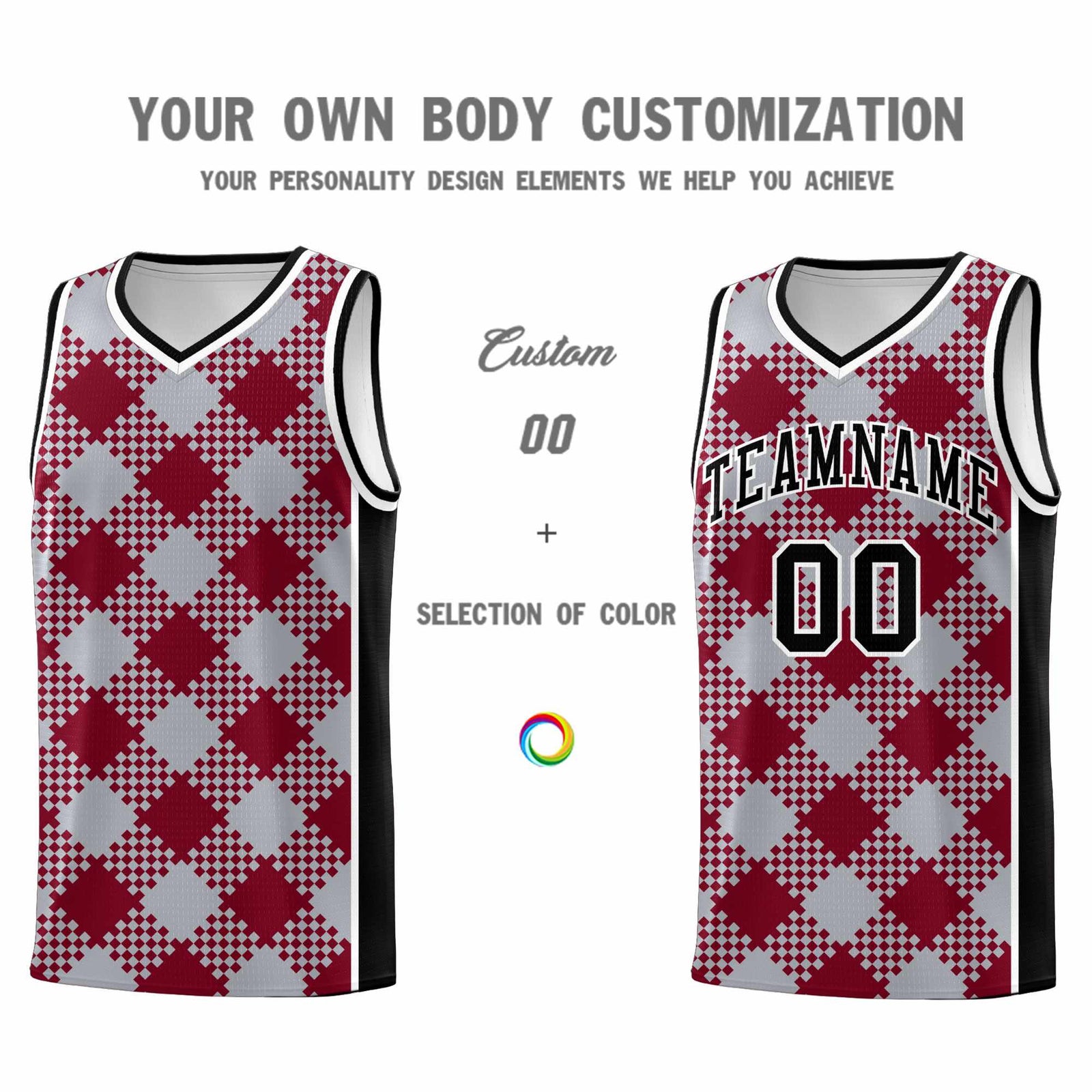 Personalized Gray Crimson-White Grid Basketball Kits