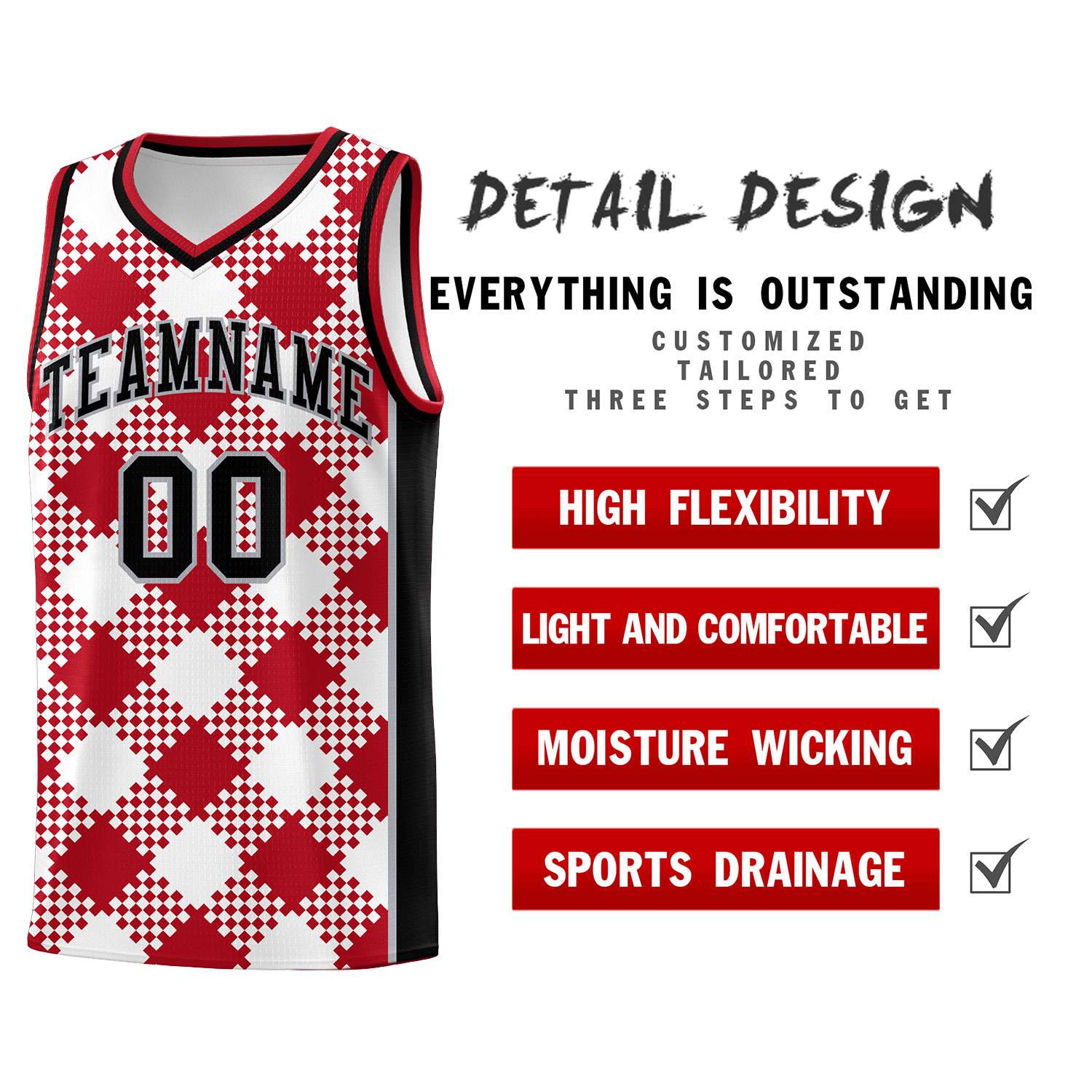 Personalized White Red-Gray Grid Basketball Kits