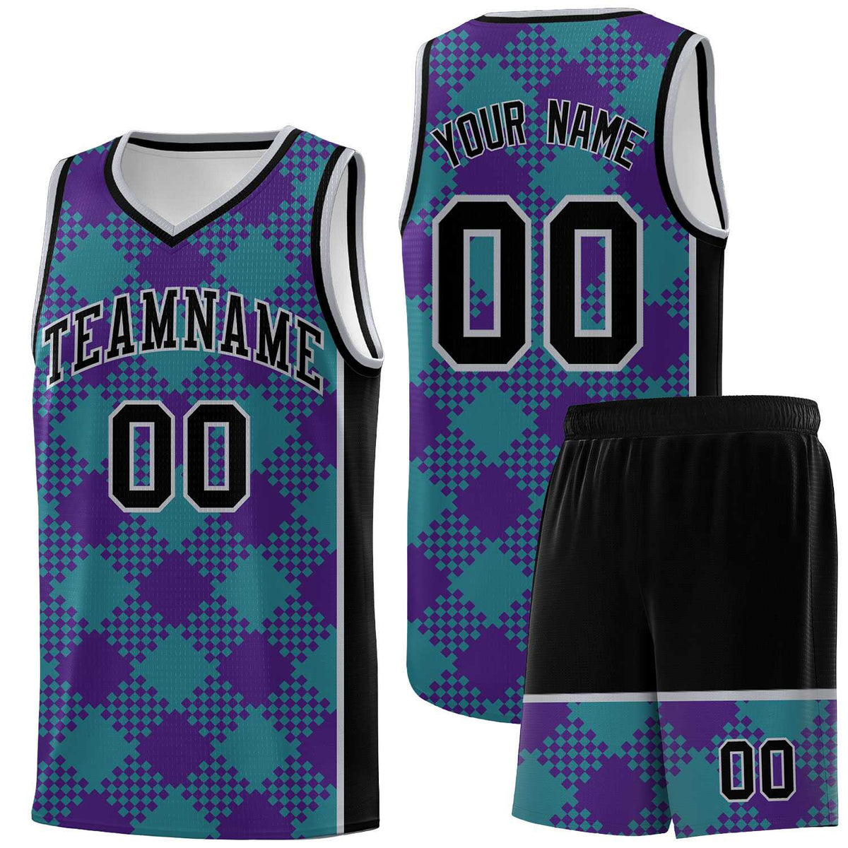 Personalized Purple Teal-Gray Grid Basketball Kits