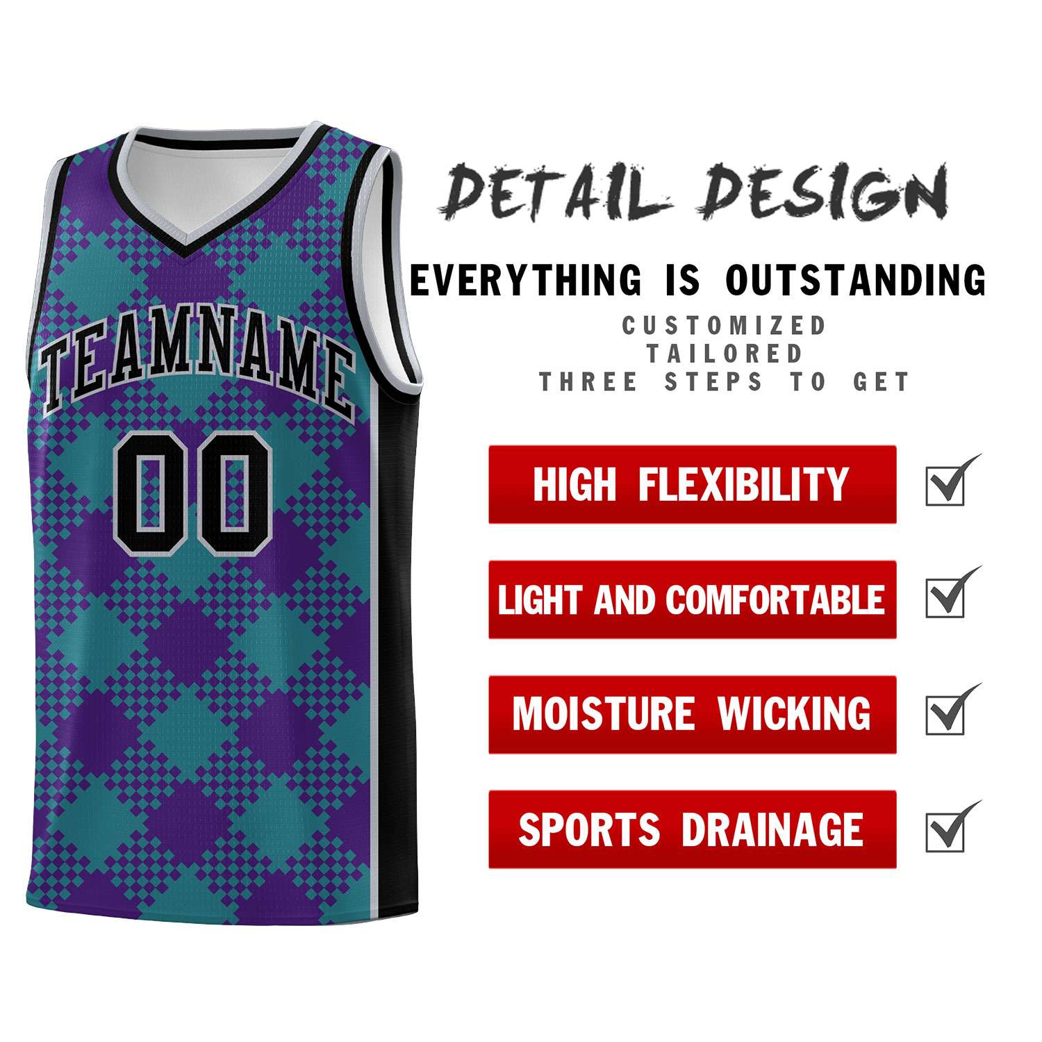 Personalized Purple Teal-Gray Grid Basketball Kits